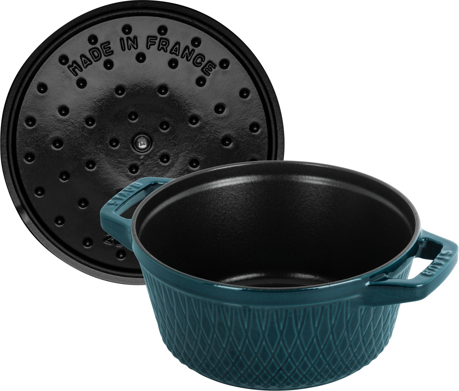 Elegante runde Cocotte von Staub mit 2,29 l, perfekt für vielseitige Gerichte und stilvolle Serviermöglichkeiten.