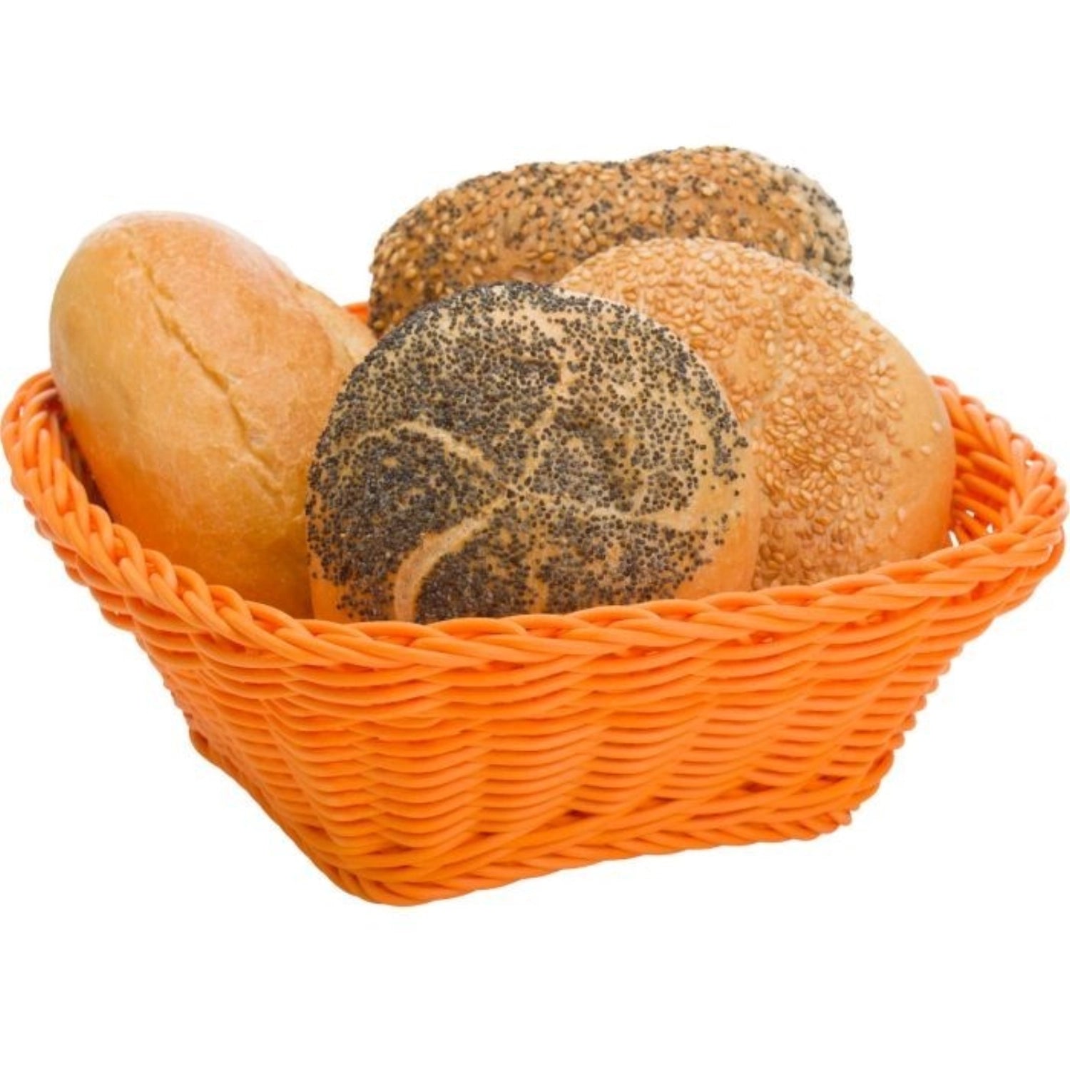 Quadratischer Brotkorb in strahlendem Orange von Westmark, ideal für die Präsentation von Backwaren, Maße 23x23x9 cm.