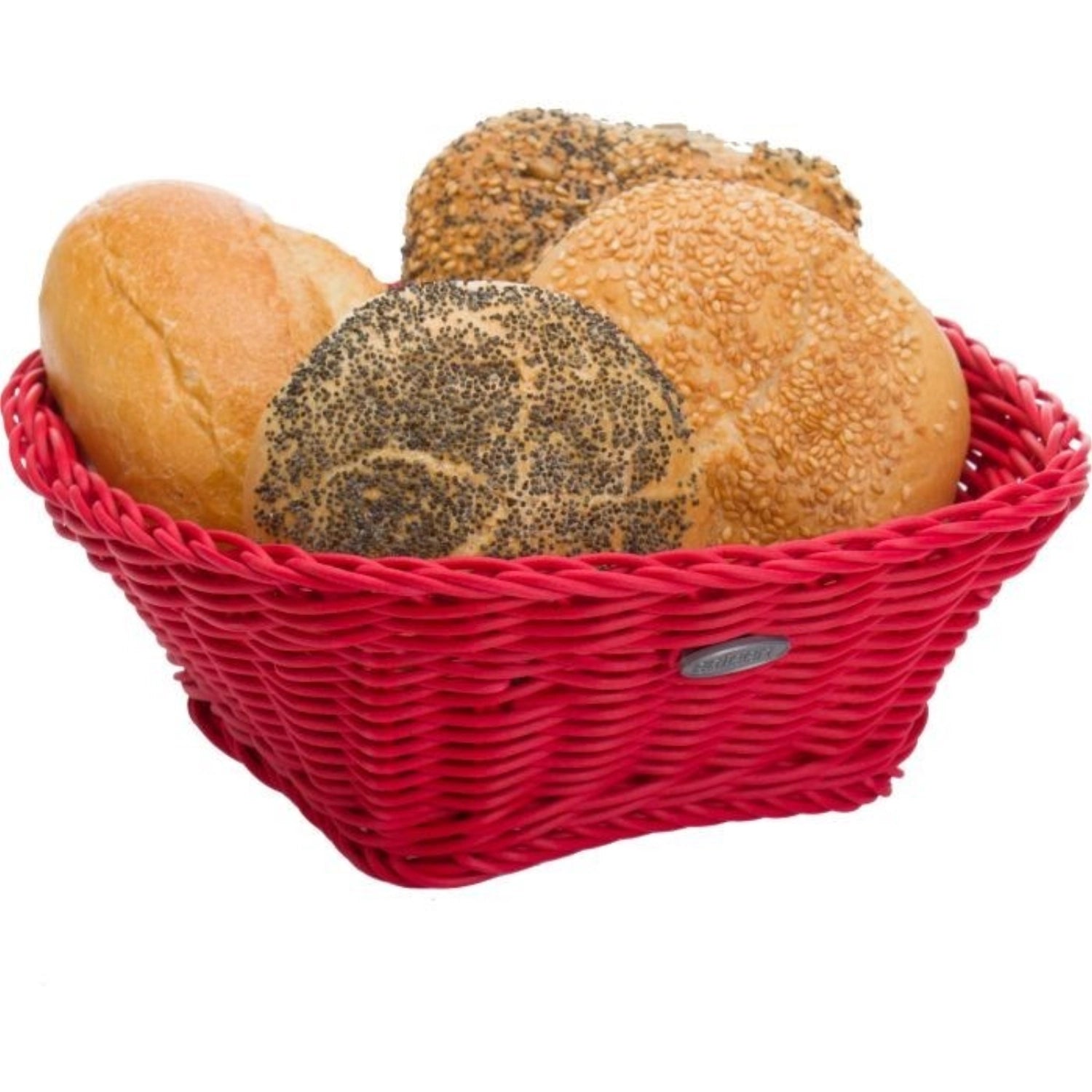 Eleganter quadratischer Korb in warmem Rot von Westmark, perfekt für die ansprechende Präsentation von Brot und Brötchen, Maße 23x23x9 cm.