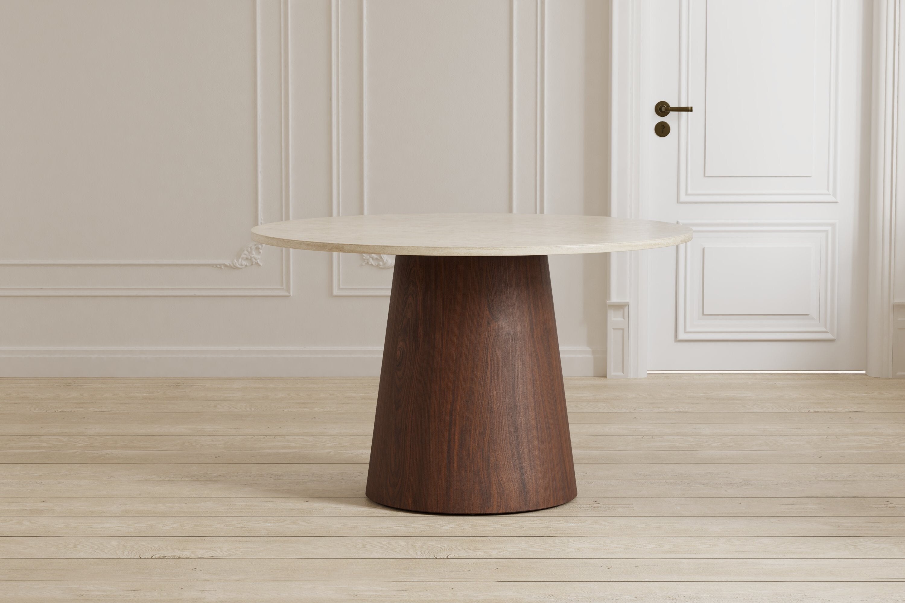 Moderner runder Esstisch in Beige von Venture Home, ideal für stilvolle Essbereiche und gesellige Runden.