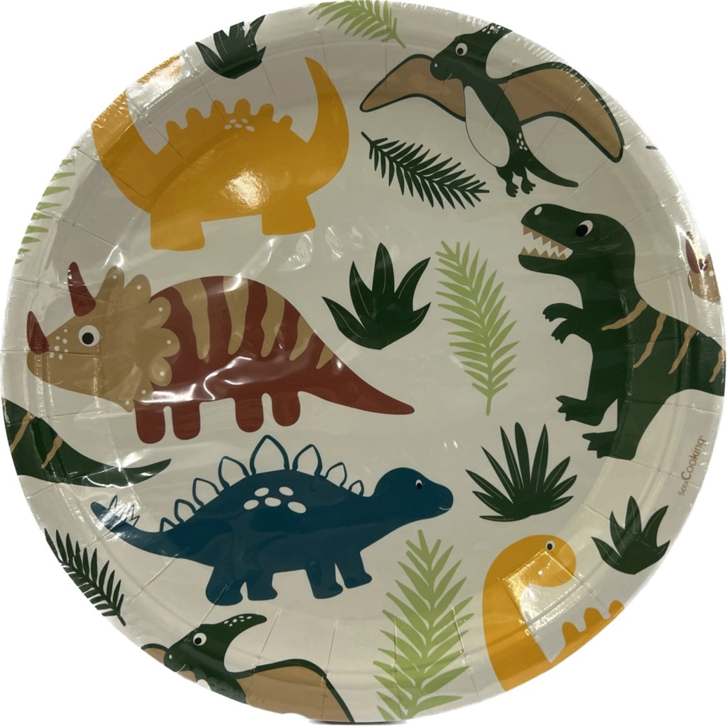 Set aus 8 bunten Papiertellern mit Dinosaurier-Motiv, ideal für Kindergeburtstage und Dino-Themenpartys, Durchmesser 23 cm.