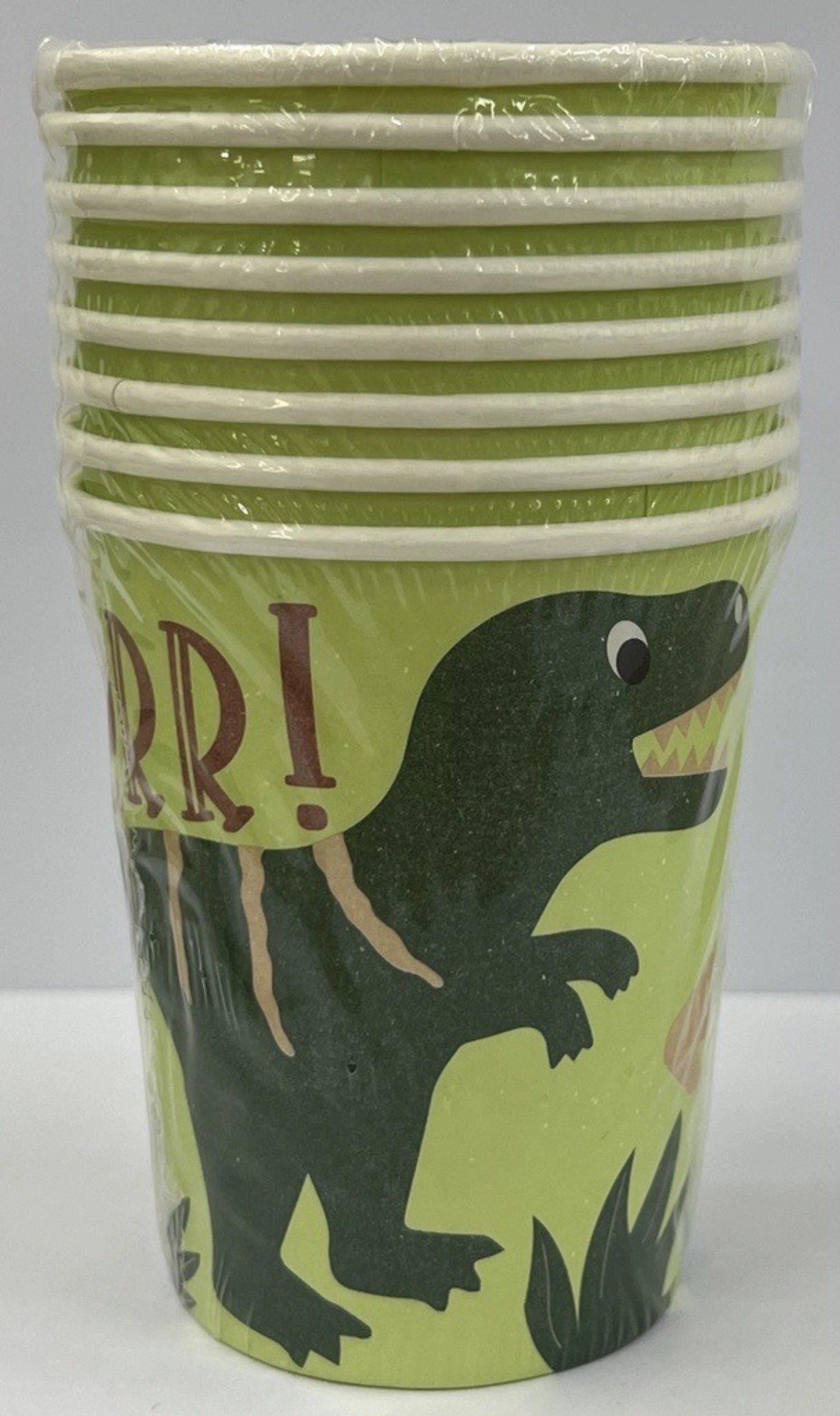 Buntes Set aus 8 Pappbechern mit niedlichen Dinosauriern, ideal für Kindergeburtstage und Dino-Themenpartys, 25 cl Fassungsvermögen.