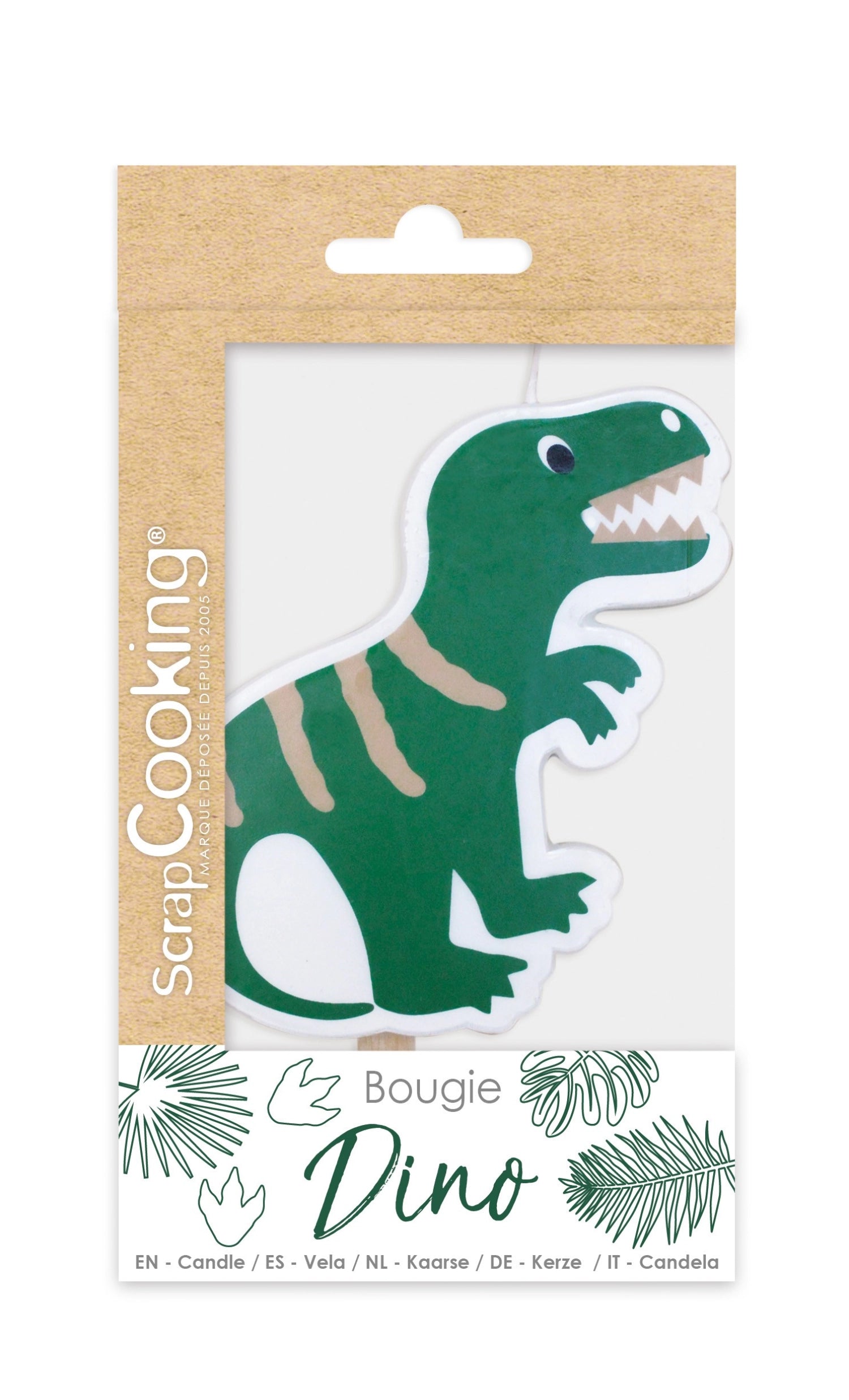 XXL Dinosaurier-Kerze in leuchtendem Grün von Scrap Cooking, perfekt für Kinderfeiern und kreative Dekorationen, bringt Freude ins Zuhause.