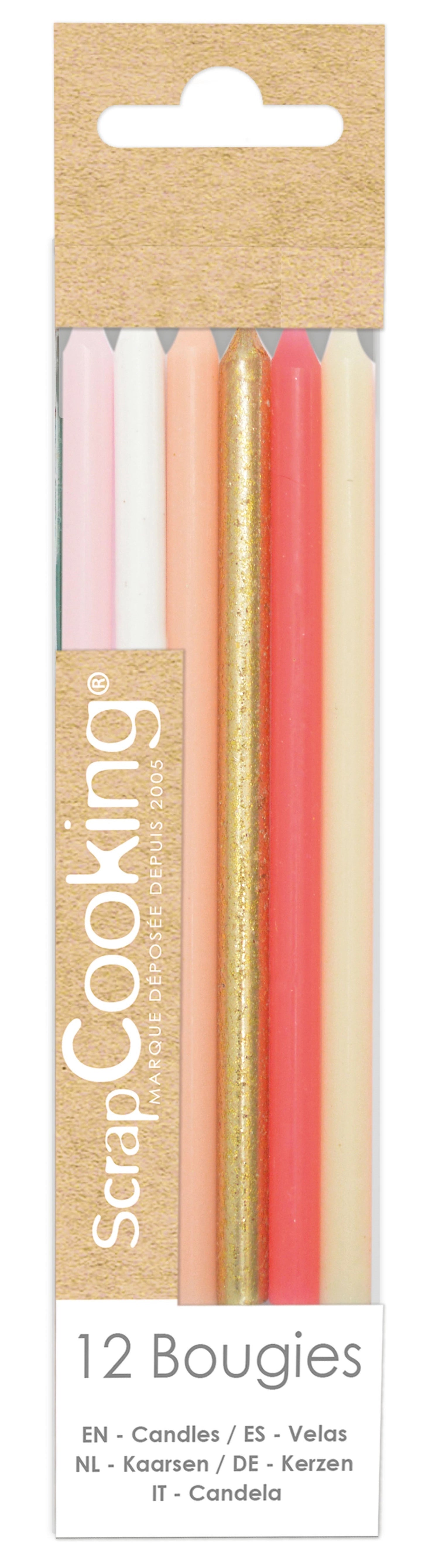Entdecken Sie das 12er Set Kerzen von Scrap Cooking! Diese 12 cm hohen, rosa-goldenen Kerzen sind perfekt für jede Feier und schaffen eine einladende Atmosphäre.