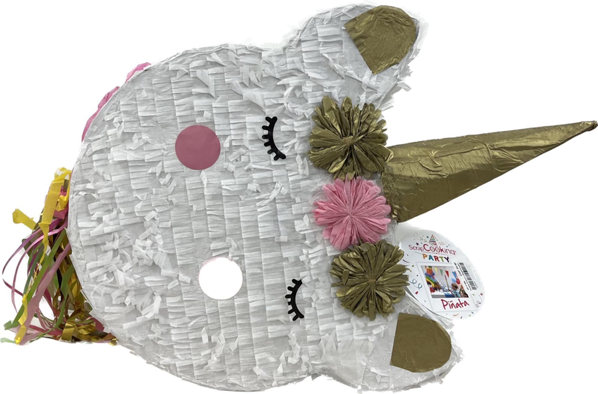 Bunte Pinata in Form eines Einhorns mit Regenbogen, perfekt für festliche Anlässe und als dekorative Kerze von Scrap Cooking.