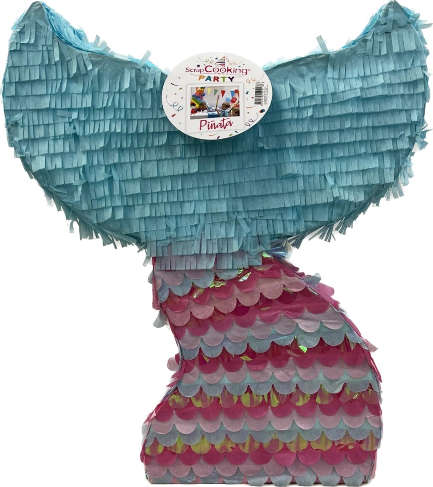 Bunte Pinata in Form einer Meerjungfrau, ideal für Feiern und als Geschenkverpackung, Maße 45.5x39x9.5cm, von Scrap Cooking.