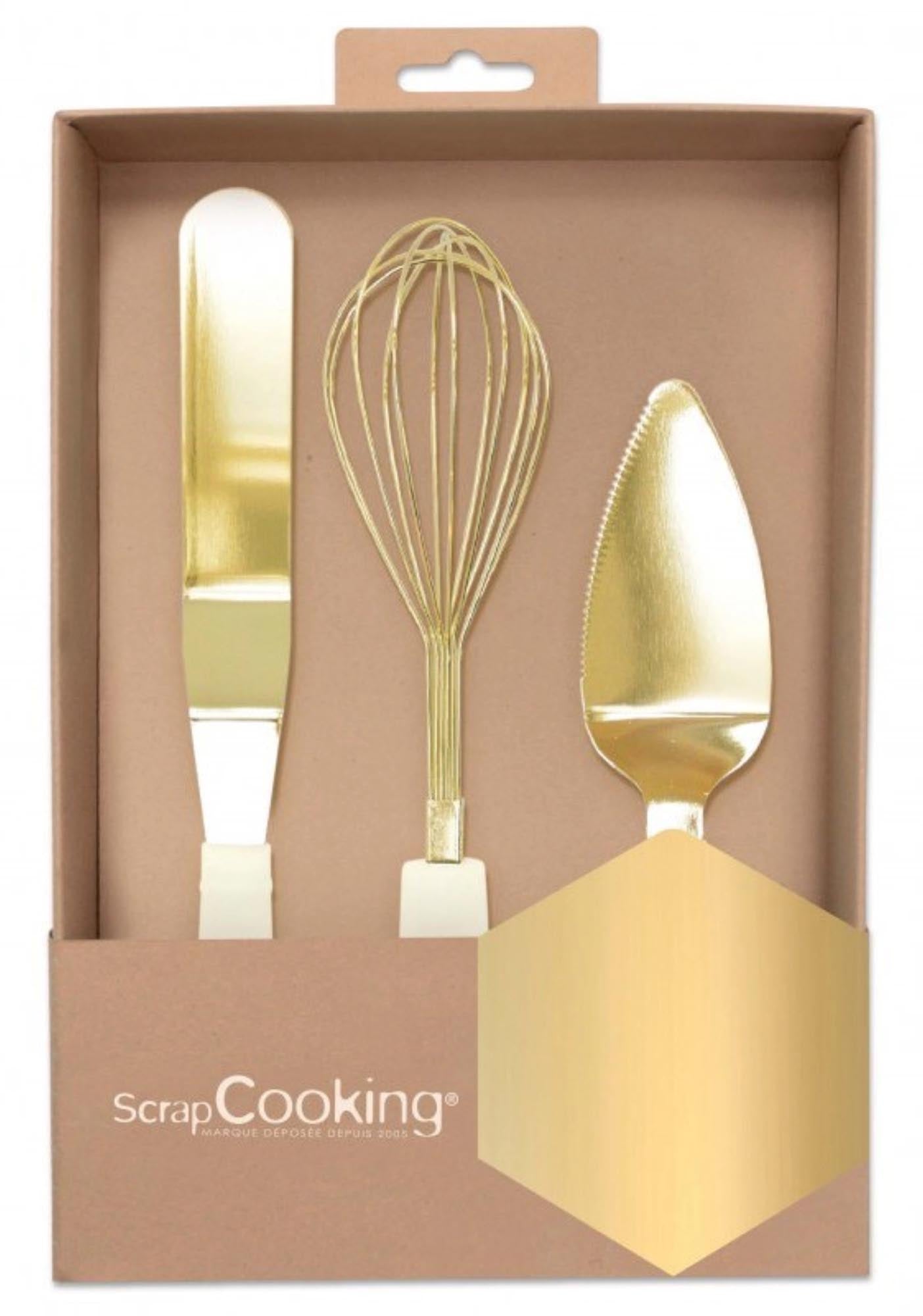 Entdecken Sie die eleganten Scrap Cooking 3er Backutensilien in Gold. Hochwertiges Silikon, hitzebeständig, spülmaschinenfest – ideal für jeden Bäcker!