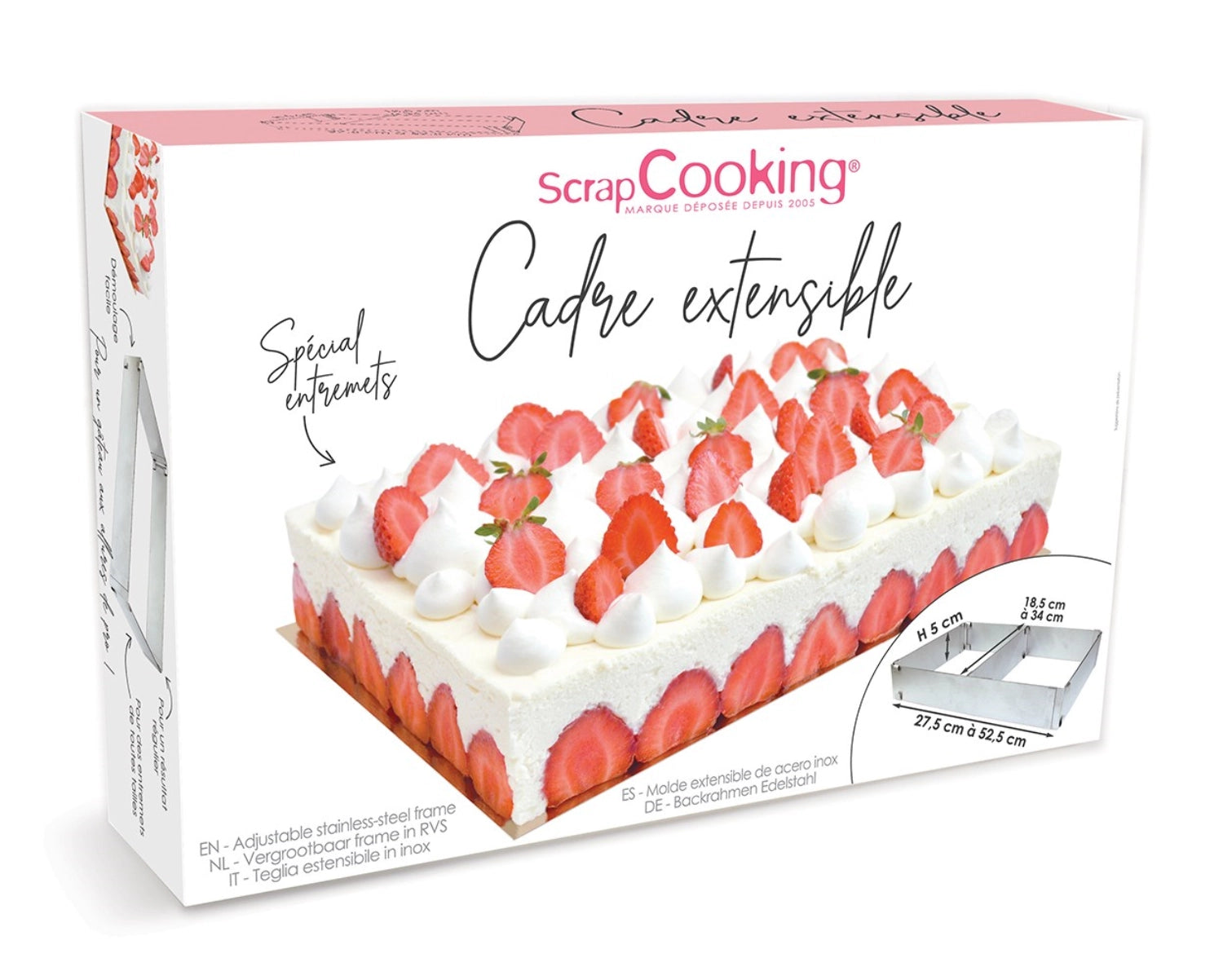 Verstellbare rechteckige Edelstahlbackform, perfekt für Kuchen und Aufläufe, Maße L27x52 B18.5-34 H5cm, robust und vielseitig einsetzbar.
