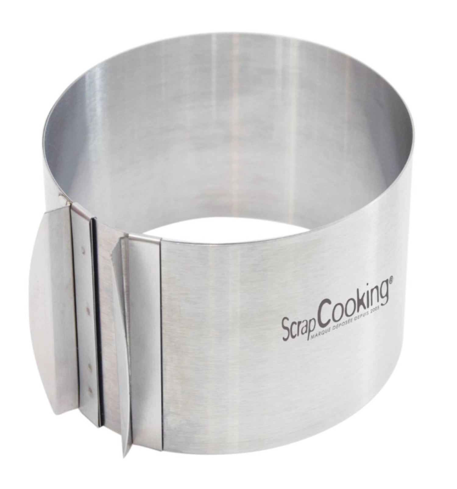 Hochwertige, ausziehbare Edelstahlbackform von Scrap Cooking, perfekt für kreative Backprojekte, variabel von 15 bis 23 cm Durchmesser, 12 cm hoch.