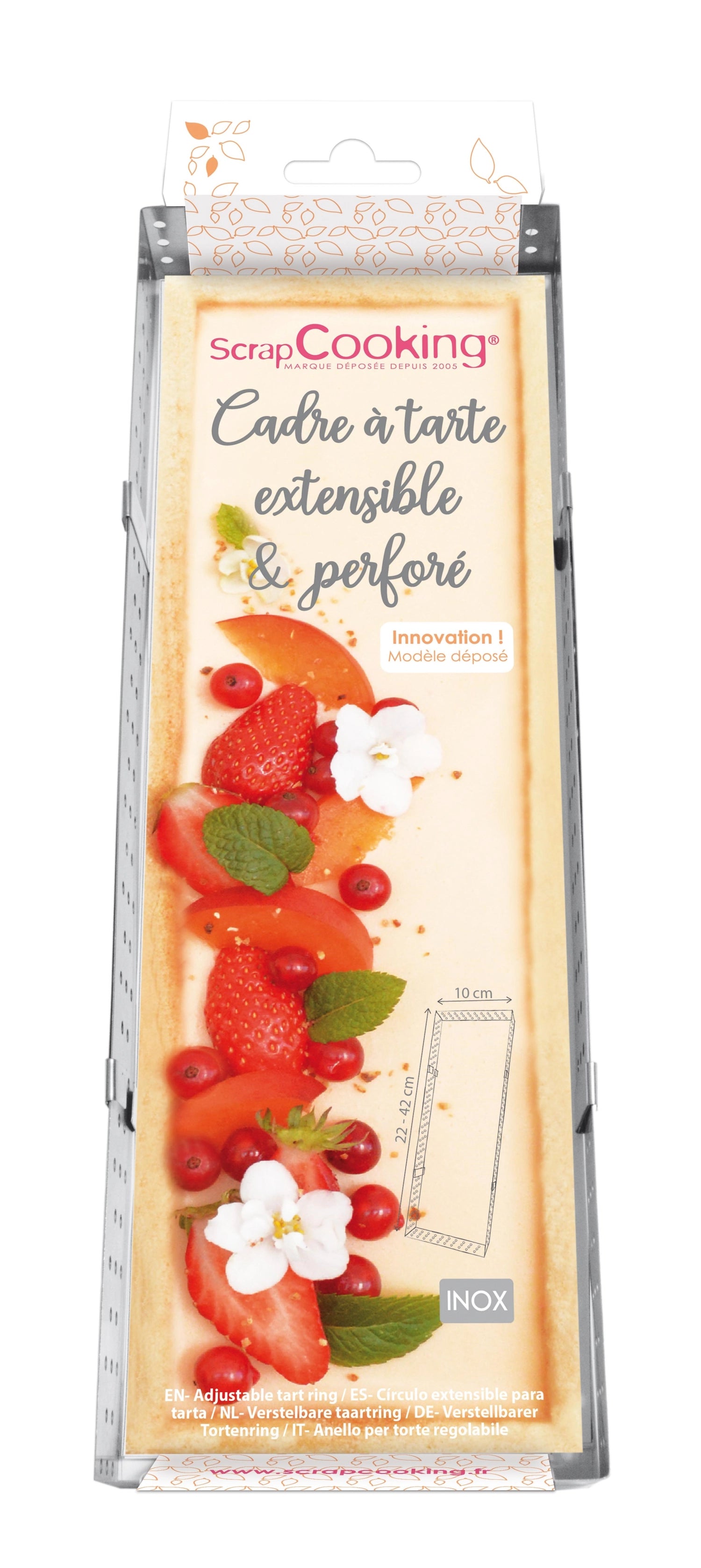 Perforierte Edelstahlbackform von Scrap Cooking, ausziehbar von 22 bis 24 cm, ideal für perfekte Backergebnisse und gleichmäßige Wärmeverteilung.