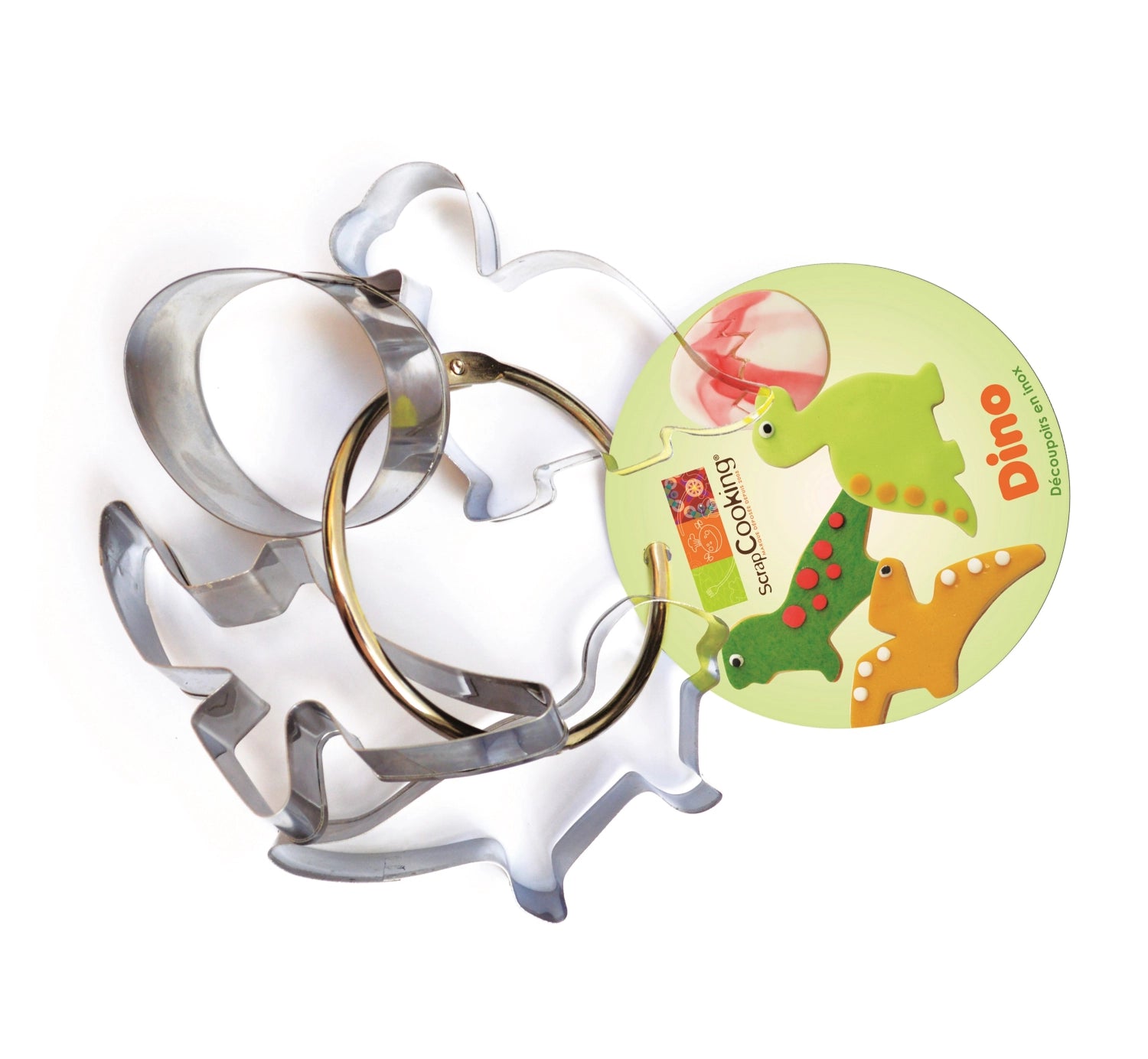 Set aus vier Dinosaurier-Ausstechern von Scrap Cooking, perfekt zum Ausstechen von Keksen für Kindergeburtstage und kreative Backprojekte.