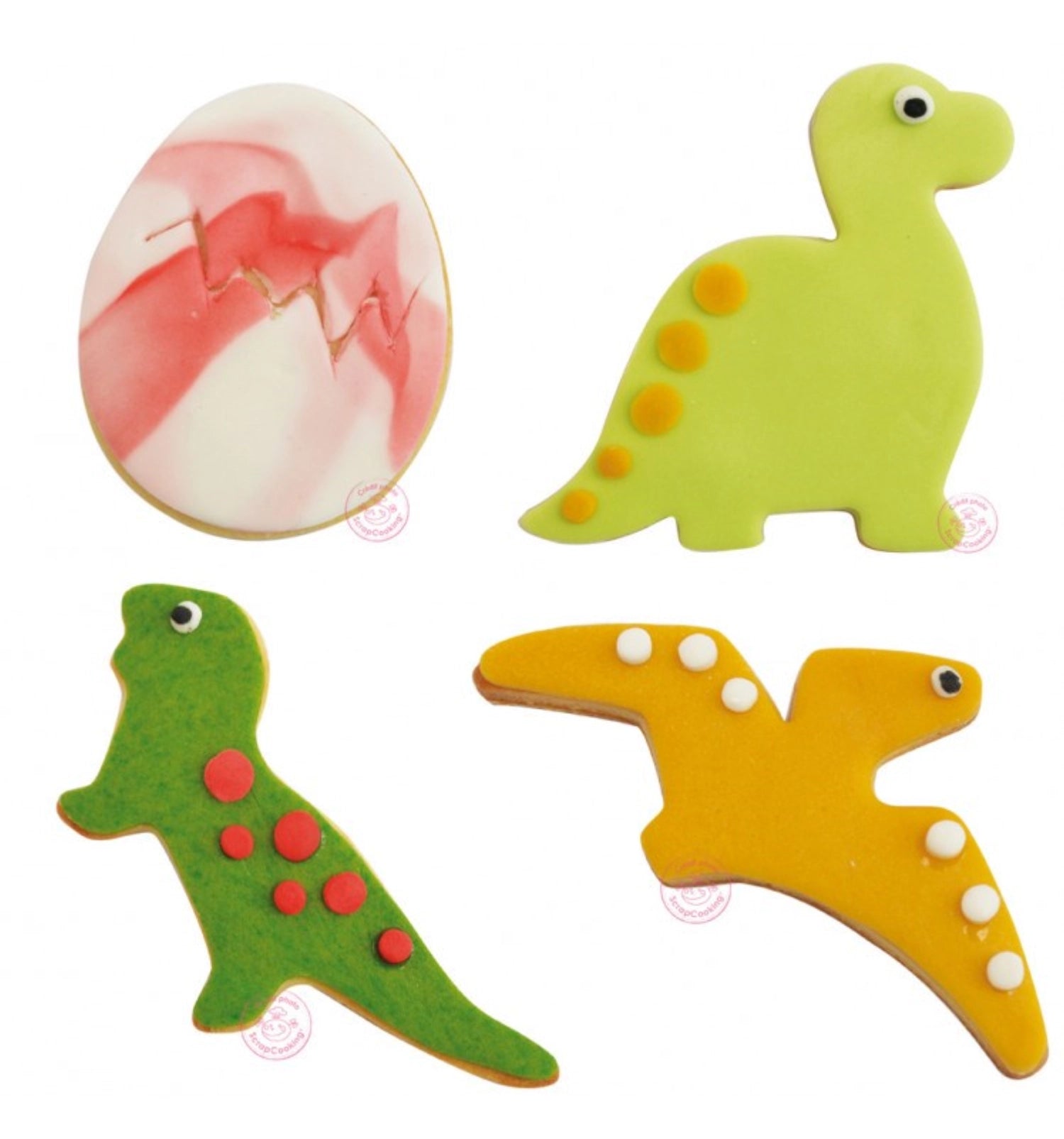 Vier verschiedene Dinosaurier-Ausstecher von Scrap Cooking, ideal für kreative Backideen und Kindergeburtstagsfeiern.