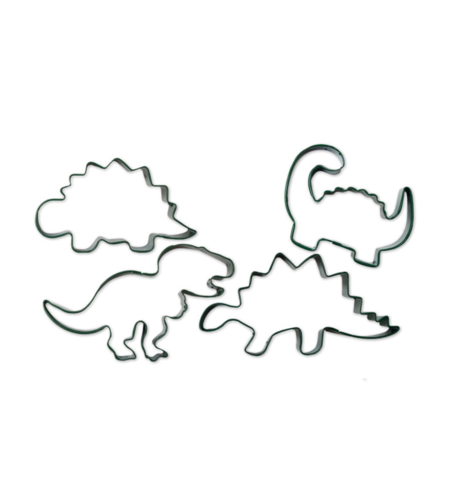 Vierteiliger Ausstecher-Satz in Dinosaurier-Form, ideal für das Backen von lustigen Keksen und Plätzchen für Kinder und kreative Anlässe.