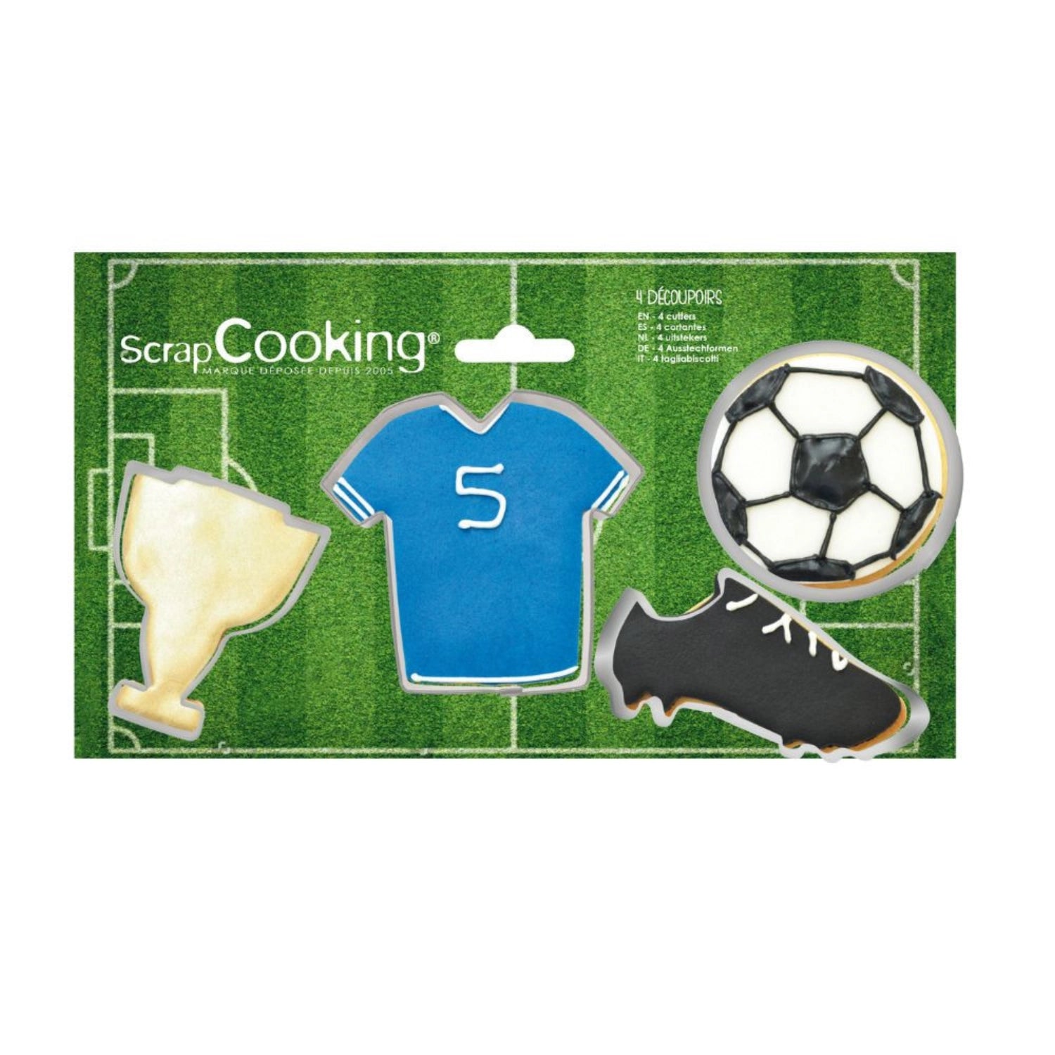 4-teiliges Set Keksausstecher in Fußballform von Scrap Cooking, perfekt für sportliche Backprojekte und kreative Keksdesigns für Fußballfans.