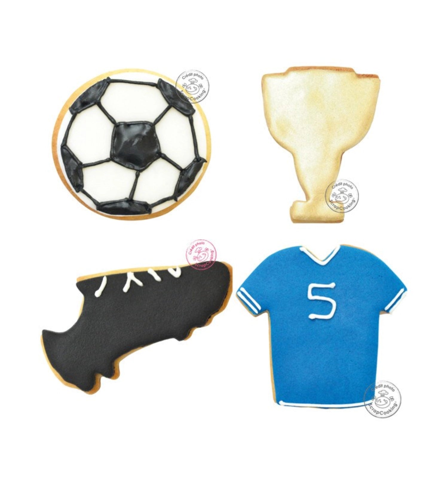 Kreatives 4-teiliges Set aus Fußball-Ausstechern von Scrap Cooking, ideal für die Gestaltung von Keksleckereien für Fußballliebhaber.