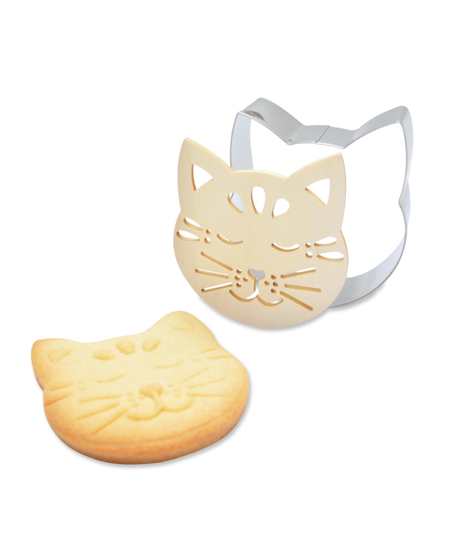 Katzenförmige Ausstechform und Holzpräger von Scrap Cooking, ideal für kreative Backprojekte und tierisch süße Kekse.