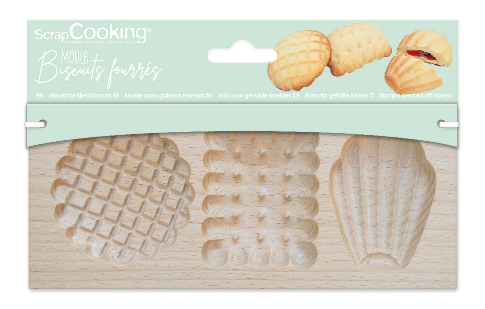 Entdecken Sie die Holzform für gefüllte Kekse von Scrap Cooking. Ideal für kreative Backideen, Maße: 20x10x2cm.