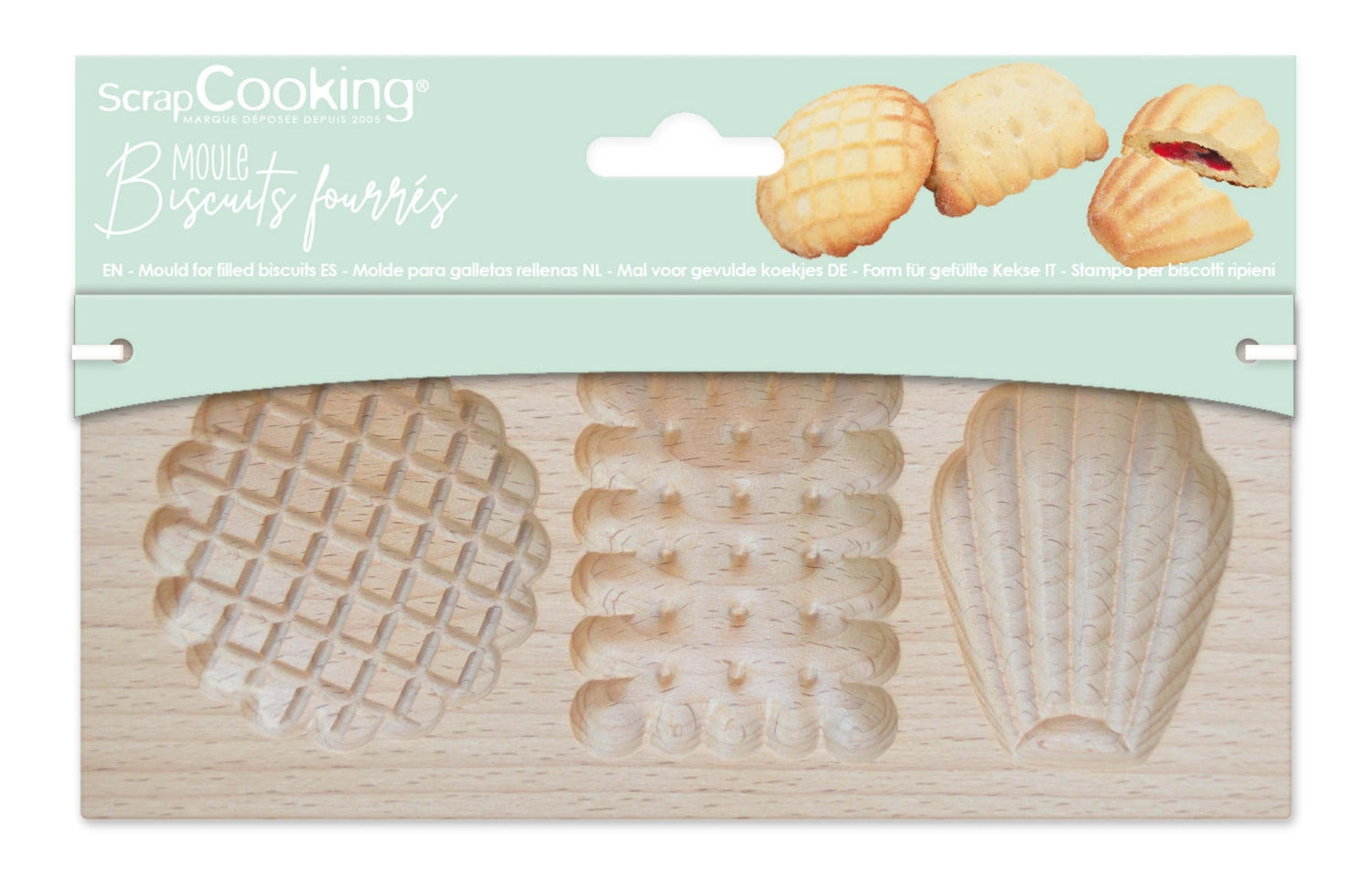 Praktische Holzbackform für gefüllte Kekse, Maße 20x10x2cm, perfekt für kreative Bäckerei-Ideen und leckere Snacks.