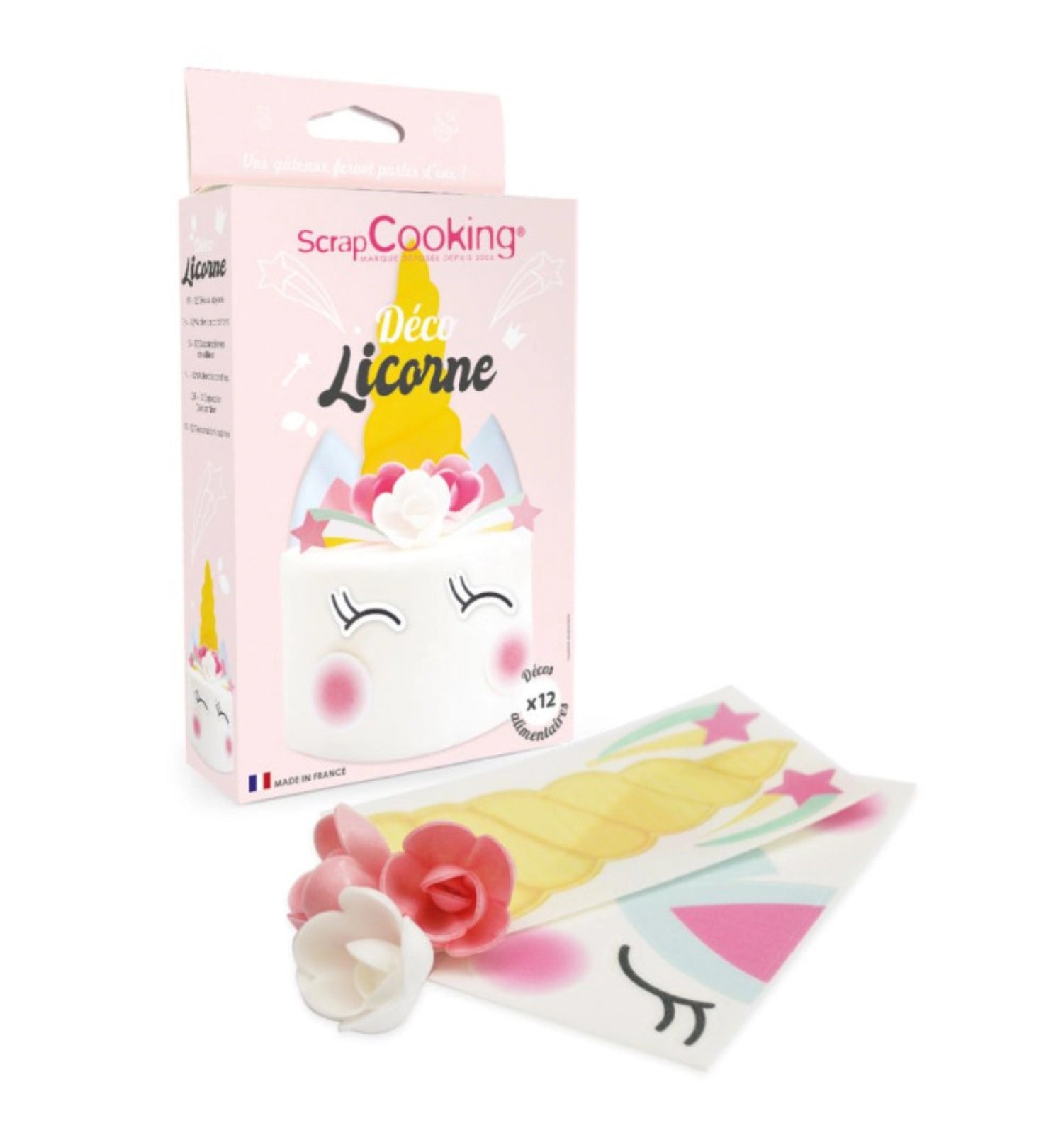 12-teiliges Set mit zauberhaften Einhorn-Dekorationen aus Zucker von Scrap Cooking, perfekt zum kreativen Verzieren von Kuchen und Süßspeisen.