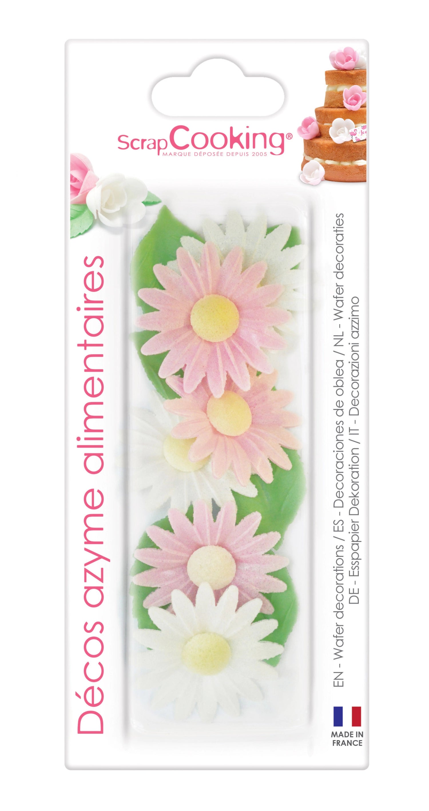 Wafer decoration. daisies 6 pieces and green leaves 6 pieces.