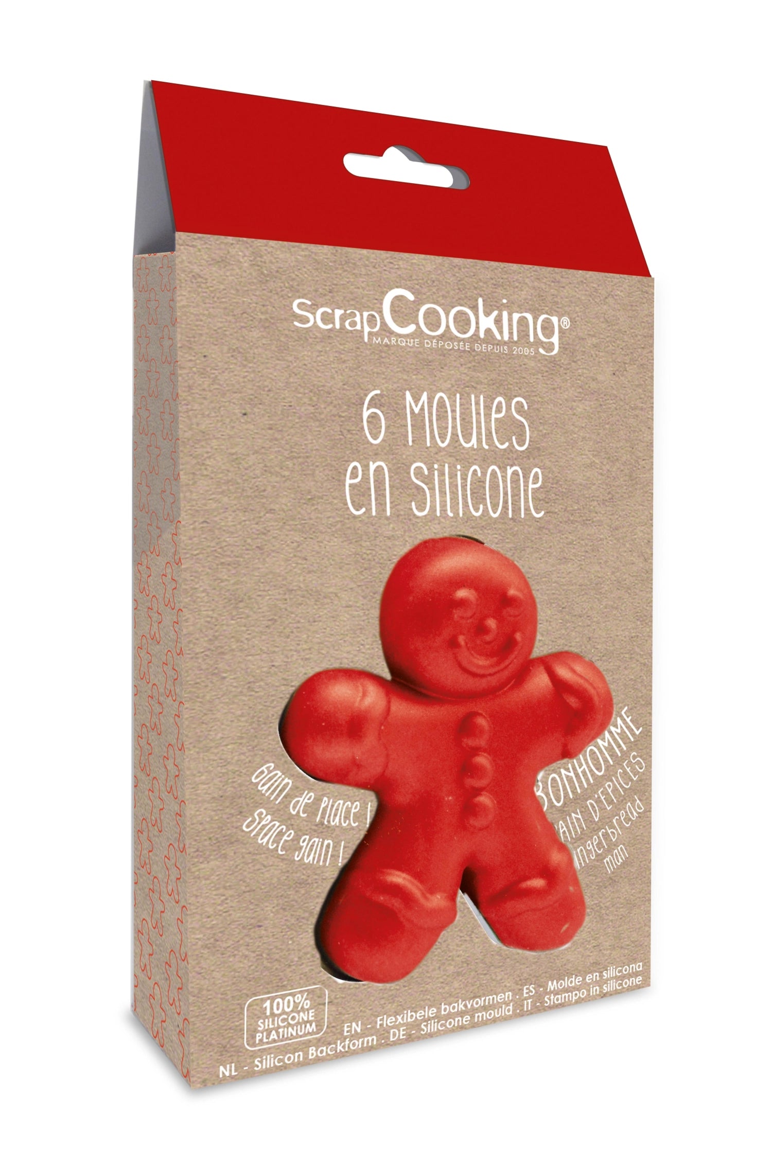 Sechs lebendige Silikonformen in Lebkuchenmann-Form von Scrap Cooking, perfekt für kreative Backideen und festliche Leckereien.