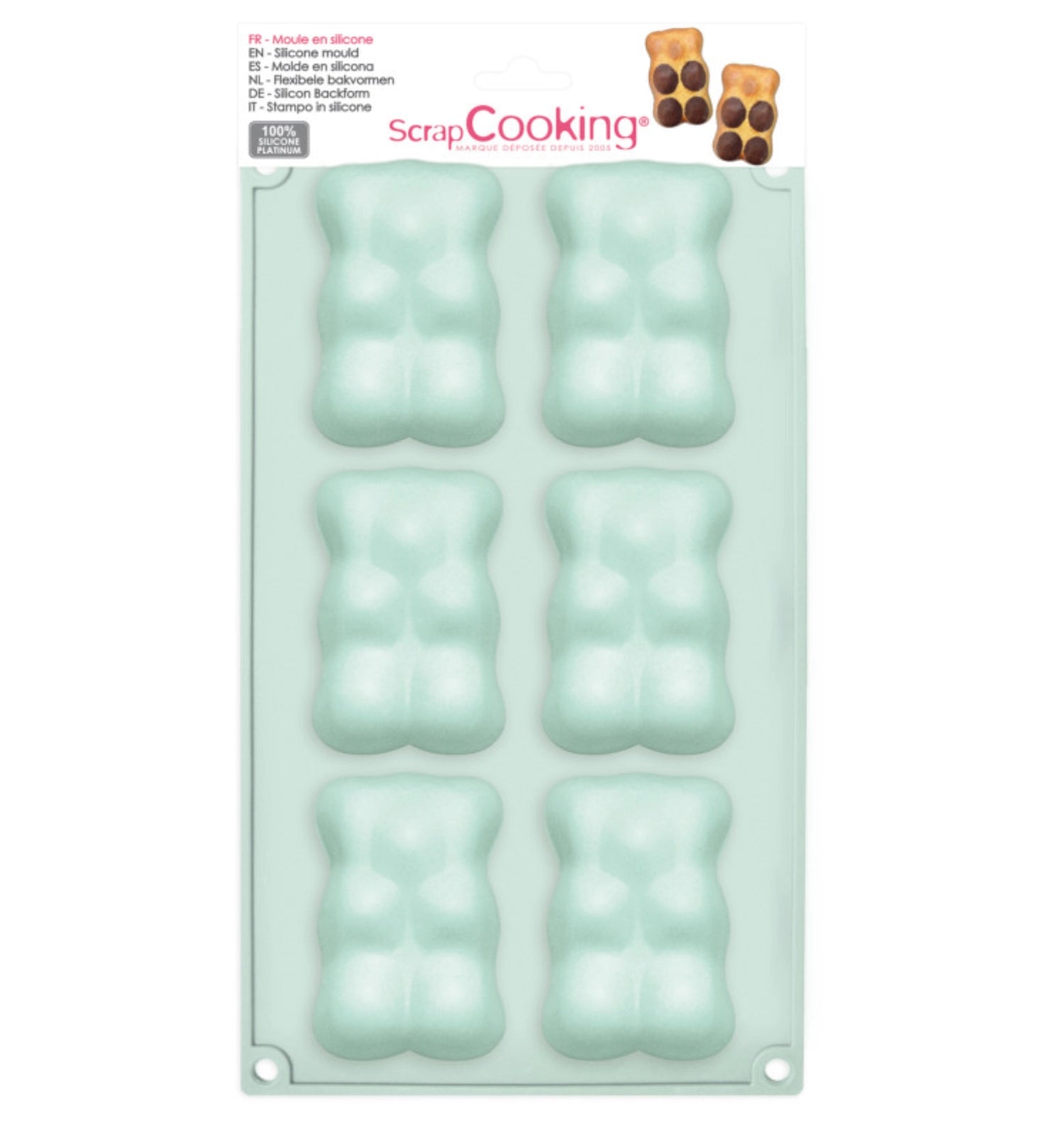 Verspielte 6er Silikonbackform in Bärenform von Scrap Cooking, perfekt für das Backen von niedlichen Desserts und Kindergeburtstagsfeiern.