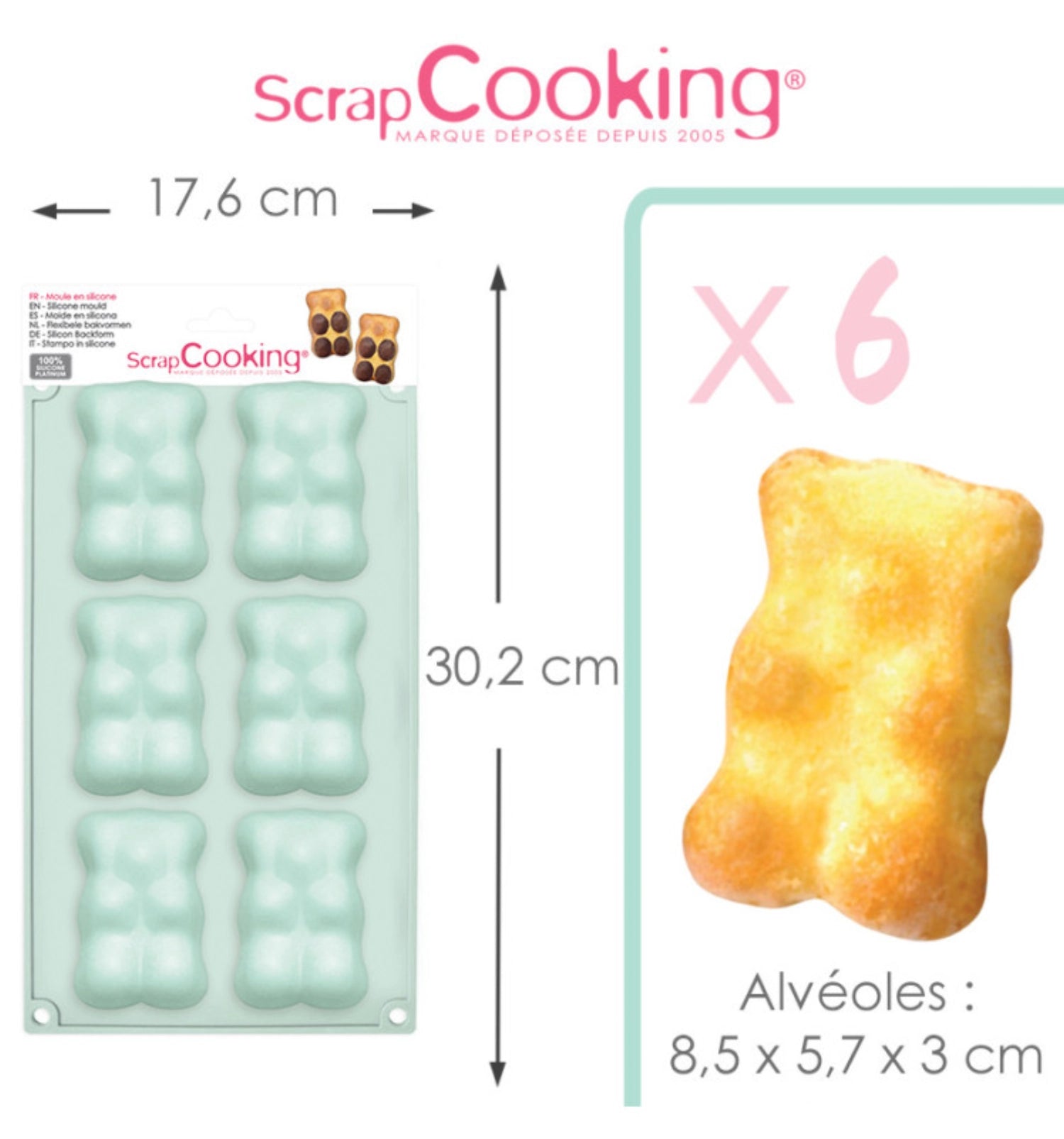 Bunte Silikonbackform mit 6 Teddy-Bär-Motiven von Scrap Cooking, ideal für kreative Backprojekte und süße Leckereien.