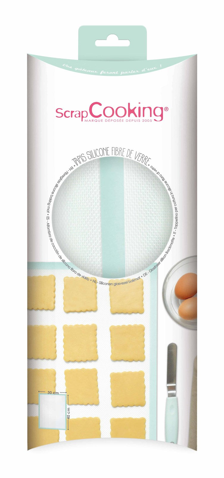 Die 30x40cm Glasfaser-Silikon-Backmatte von Scrap Cooking: hitzebeständig, antihaftend, lebensmittelecht, umweltfreundlich und spülmaschinenfest.