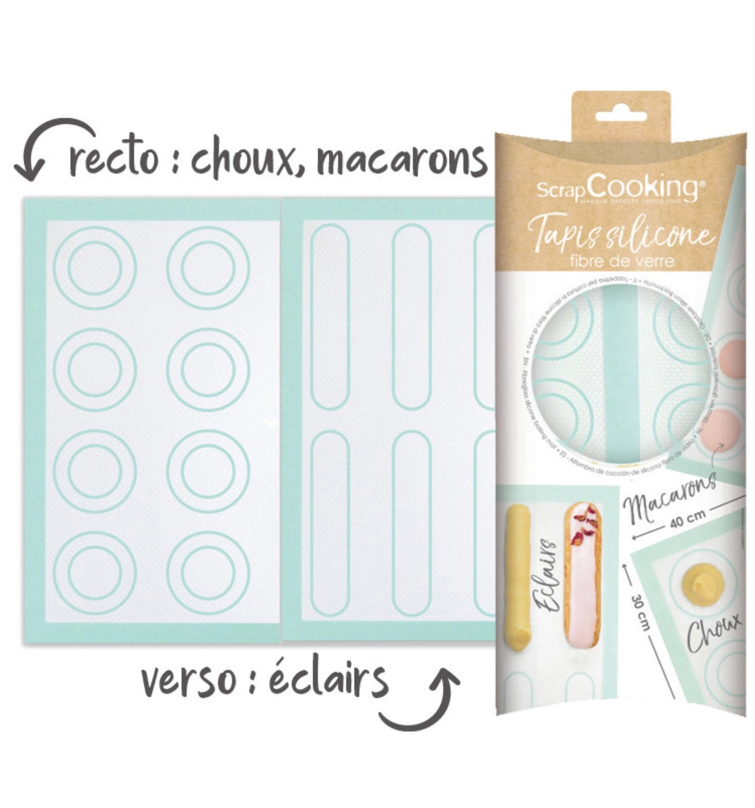Entdecken Sie die vielseitige Glasfaser-Silikon Backmatte von Scrap Cooking! Ideal für Choux, Éclair und Macarons – hitzebeständig, rutschfest und pflegeleicht.