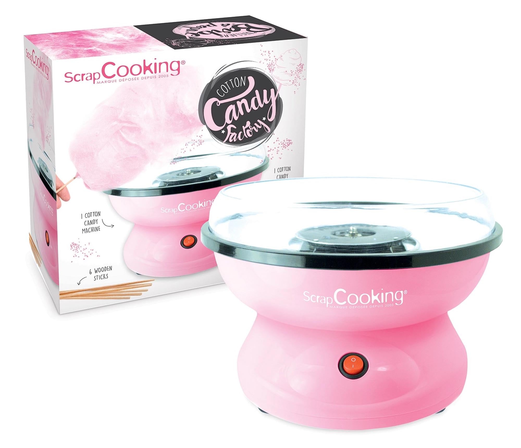 Entdecken Sie die pinke Zuckerwattenmaschine Candy Factory von Scrap Cooking! Perfekt für Partys und Kindergeburtstage, einfach zu bedienen und hygienisch.