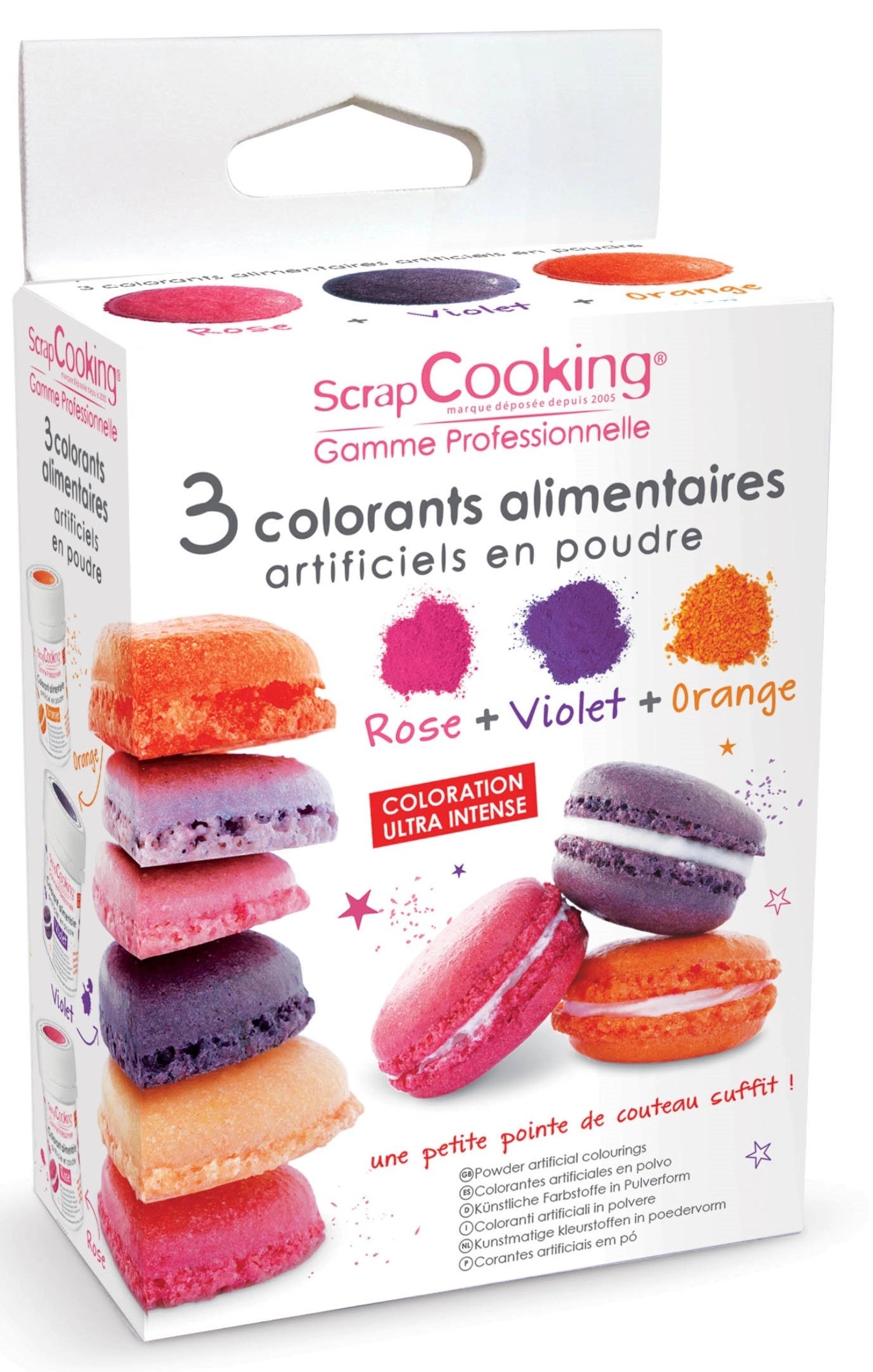 Buntes 3-teiliges Farbpulver-Set in Rose, Violett und Orange (3x5g) von Scrap Cooking, ideal zum Dekorieren von Desserts und Backwaren.