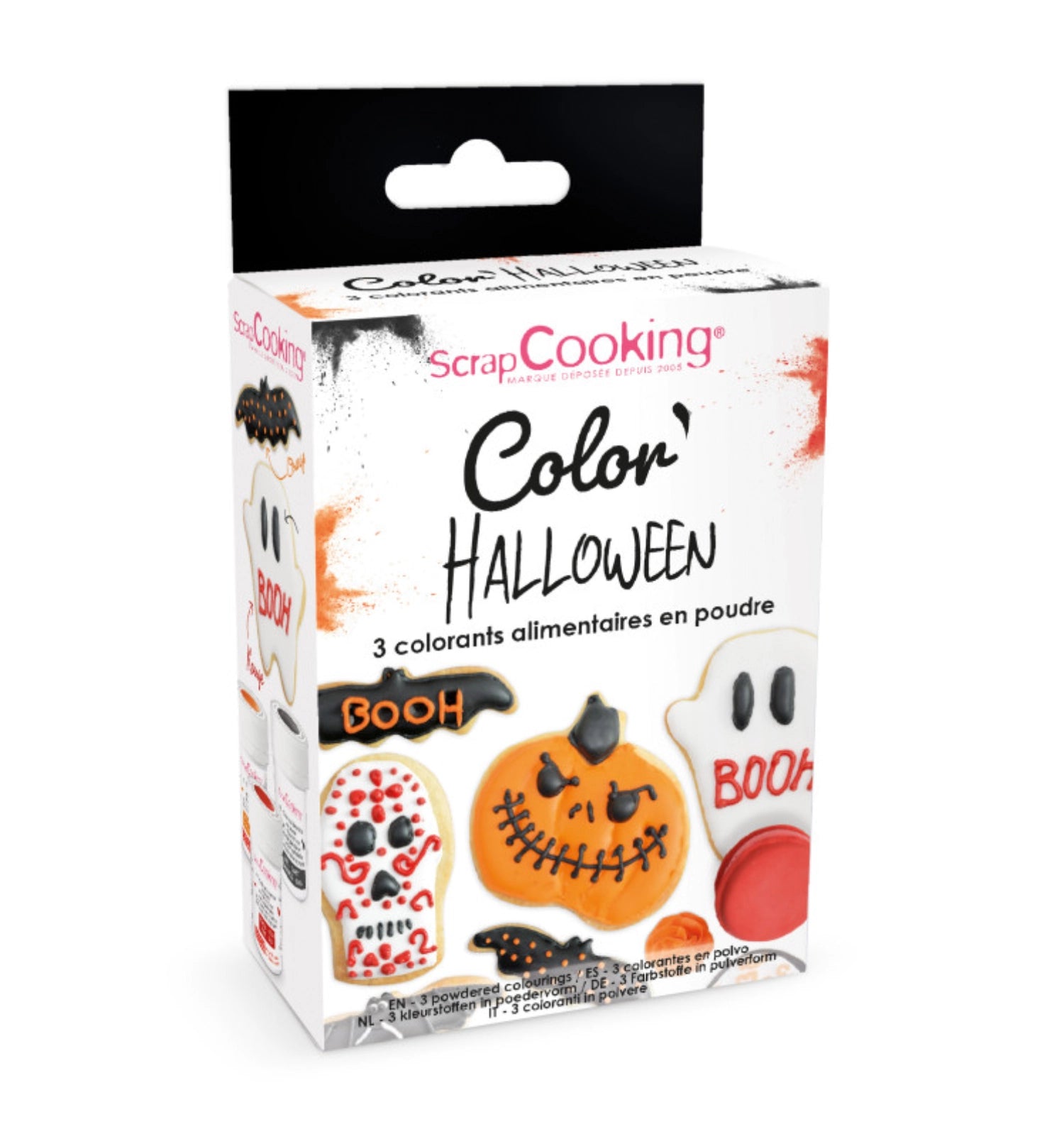 Drei Farbpulver in Orange, Schwarz und Rot (je 5g) von Scrap Cooking, perfekt für Halloween-Dekorationen und kreative Backideen.