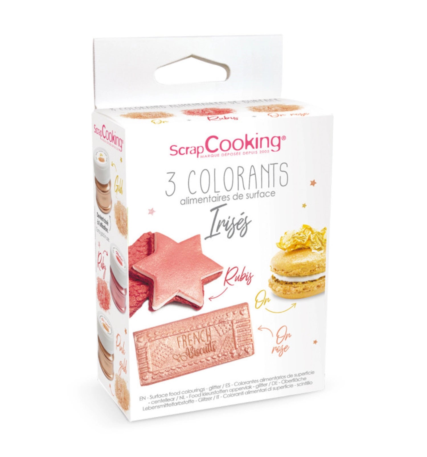 Drei Dosen Dekopuder in Gold, Roségold und Kupfer (je 5g) für exquisite Verzierungen von Speisen und Backwaren, perfekt für besondere Anlässe.