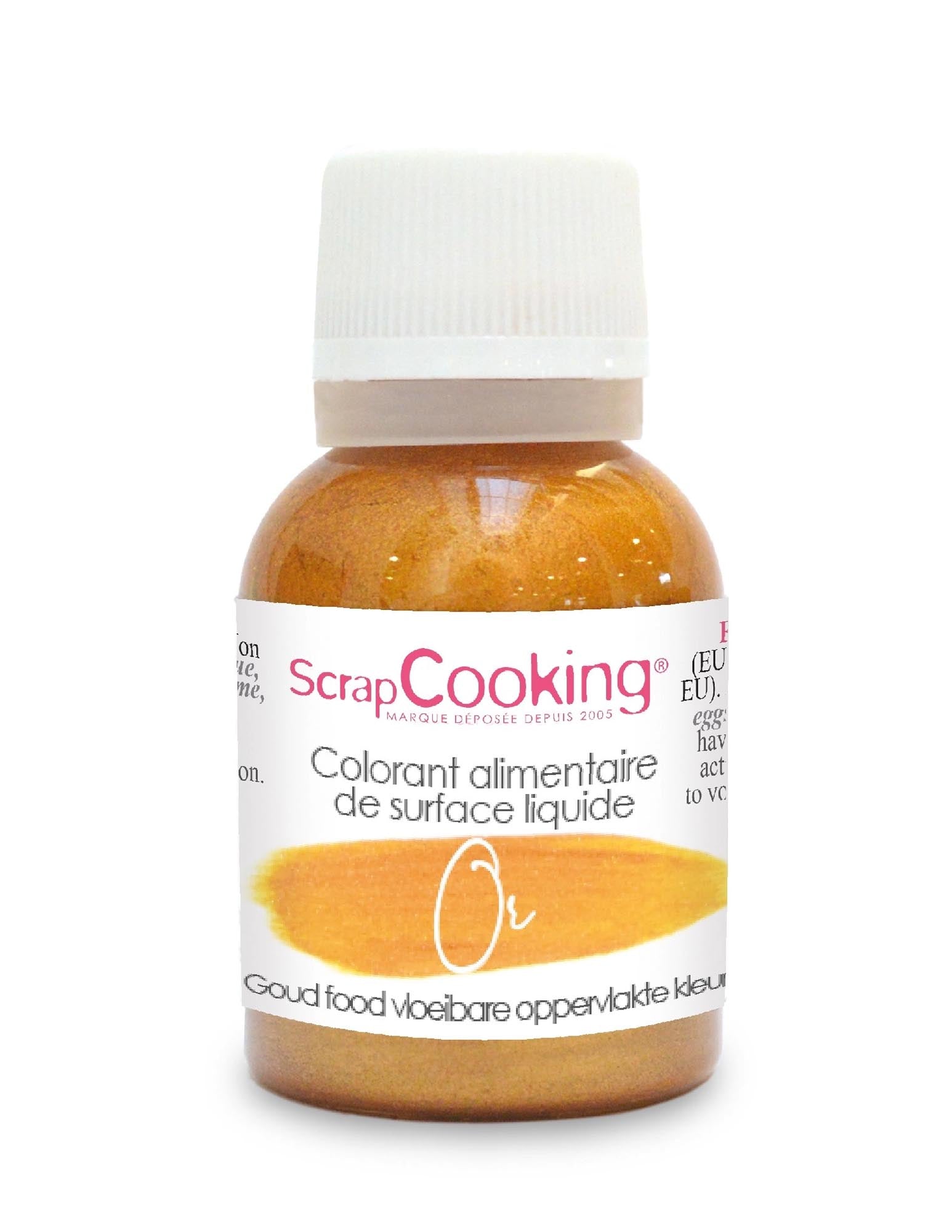 Entdecken Sie die goldene flüssige Lebensmittelfarbe von Scrap Cooking. Ideal für Fondant, Buttercreme und kreative Backideen. 20g für strahlende Ergebnisse!