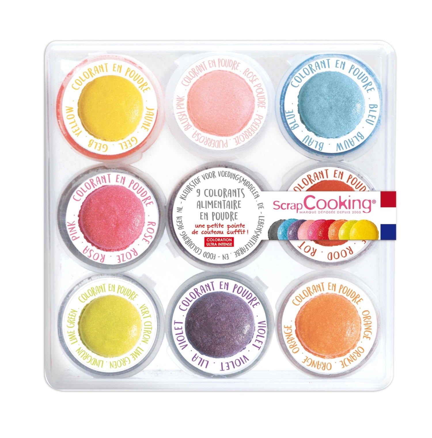 Buntes 9er Set künstliche Lebensmittelfarben von Scrap Cooking, ideal zum Färben von Speisen und Backwaren für kreative Küchenprojekte.