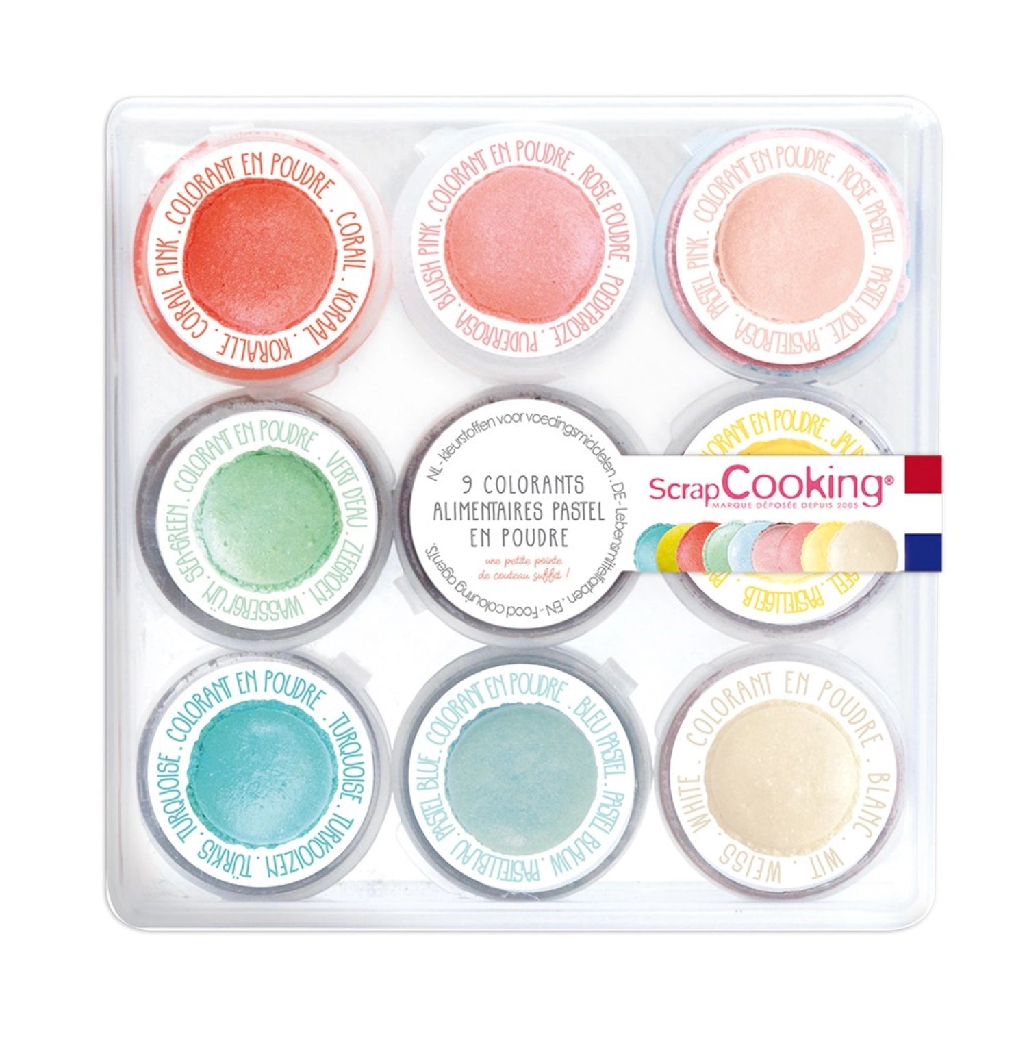 Entdecken Sie die 9 Mini-Lebensmittelfarben in Pulverform von Scrap Cooking, ideal für kreative Backprojekte und bunte Desserts.