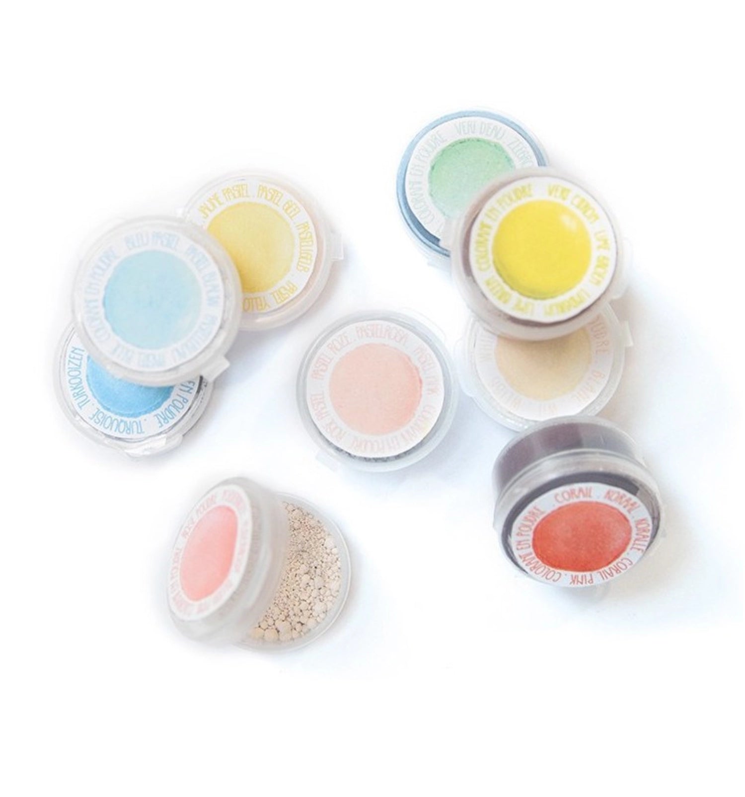 Vielfältiges Set mit 9 pastellfarbenen Lebensmittelfarben in Pulverform von Scrap Cooking, ideal für kreative Dekorationen und farbenfrohe Speisen.