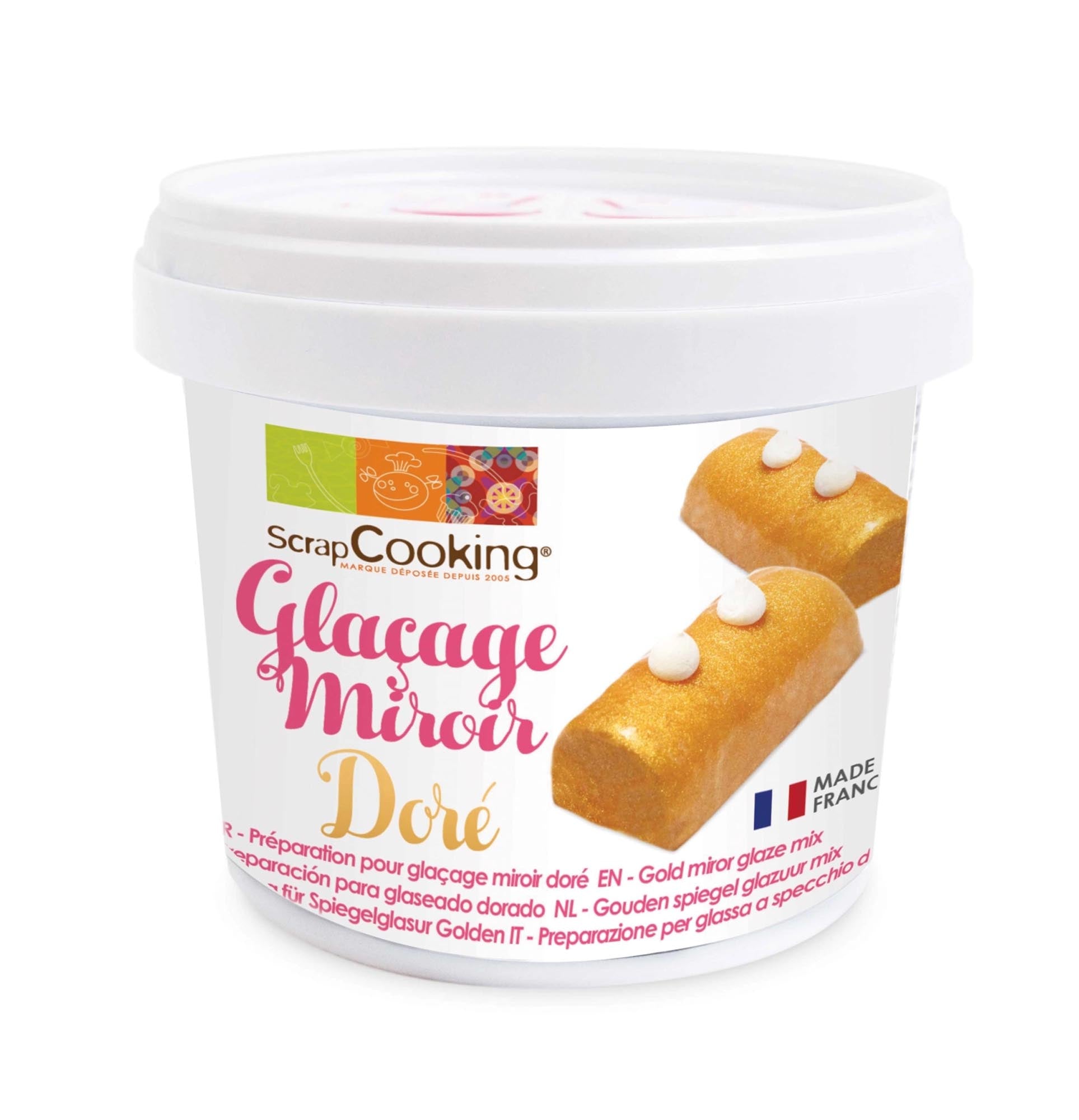 Verleihen Sie Ihren Backwaren mit der goldenen Scrap Cooking Spiegelglasur 220g einen luxuriösen Glanz und eleganten Touch.