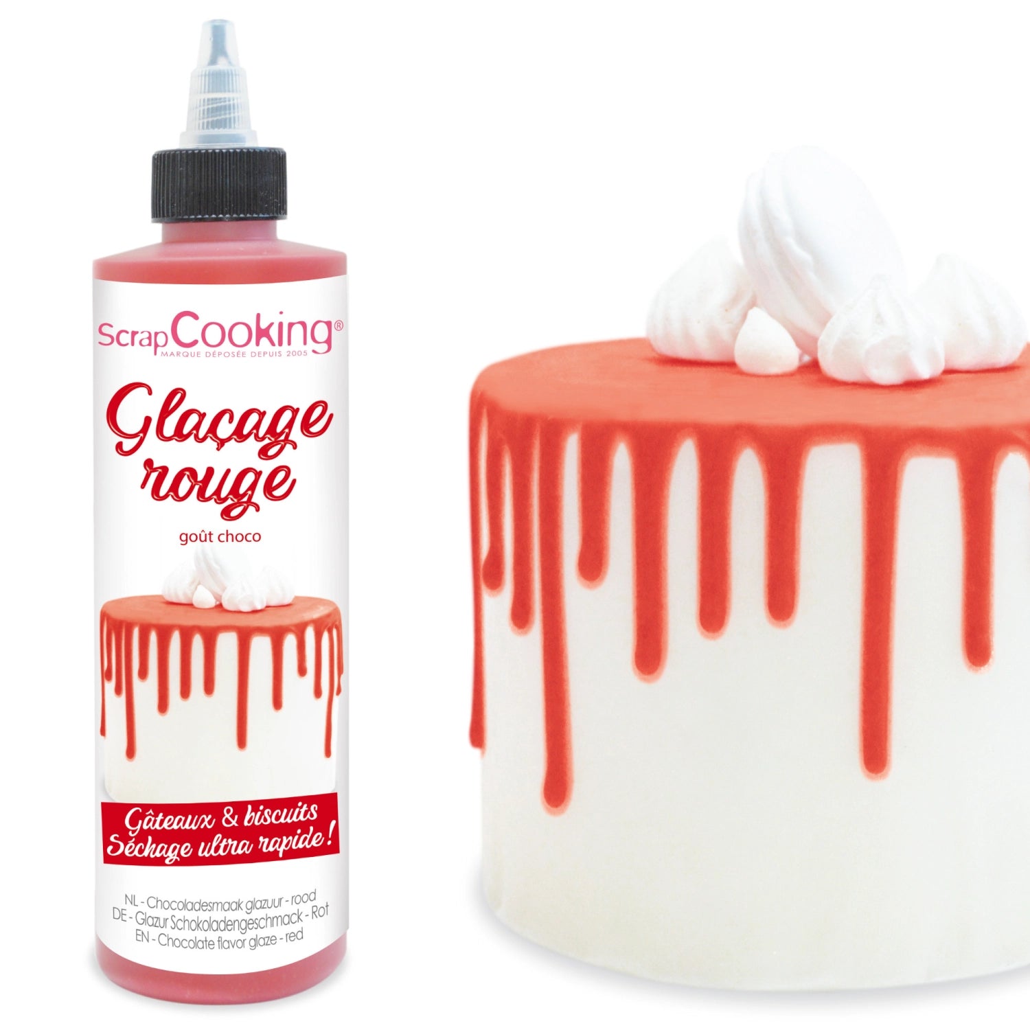 Schokoladengeschmacksglasur Drip Cake in Rot, 130g von Scrap Cooking, perfekt für kreative Tortendekoration und süße Highlights.