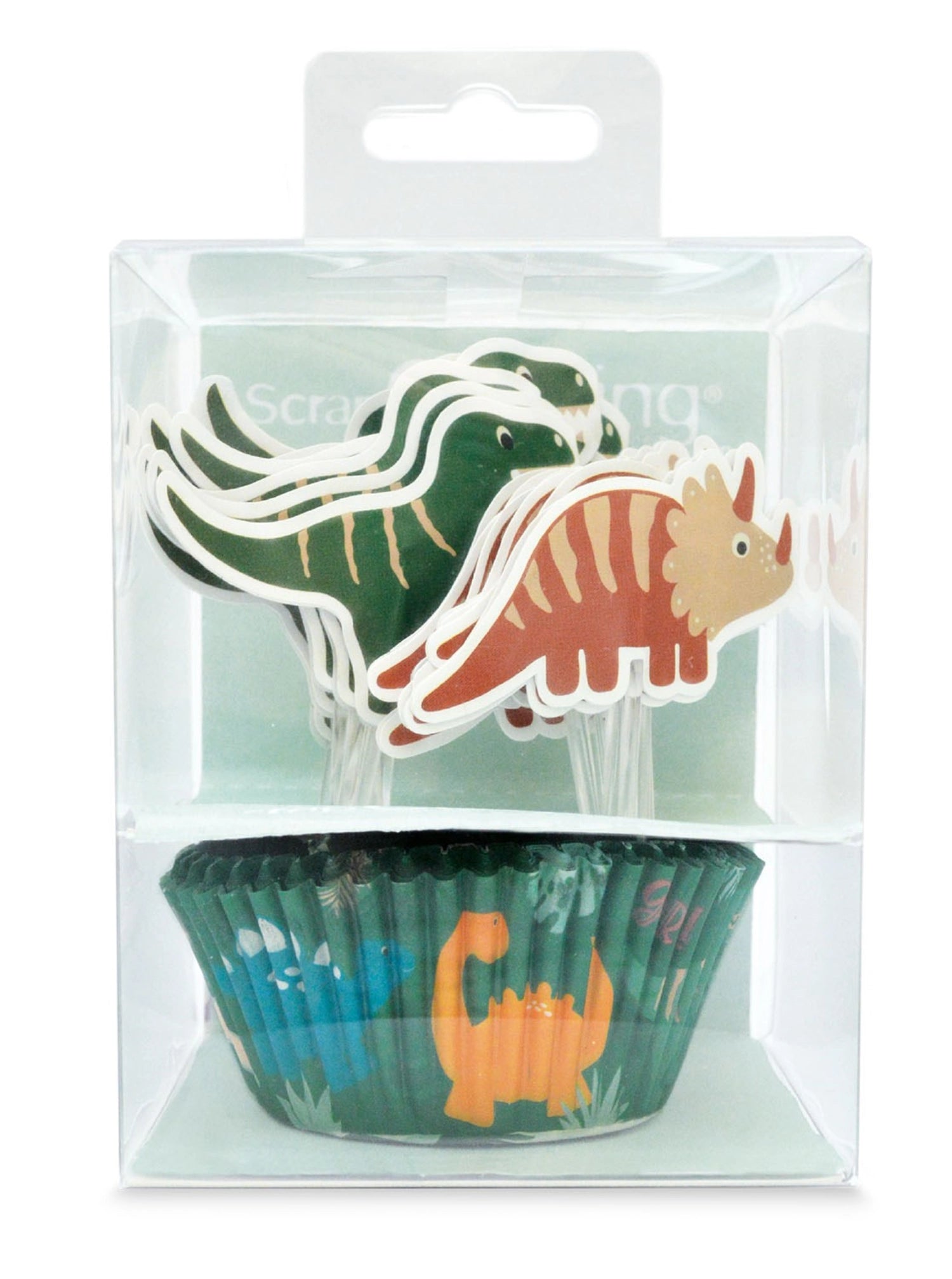 Bunte 24 Cupcakesförmchen und 24 Dino Cake Toppers von Scrap Cooking, ideal für kreative Muffin- und Cupcake-Backprojekte.