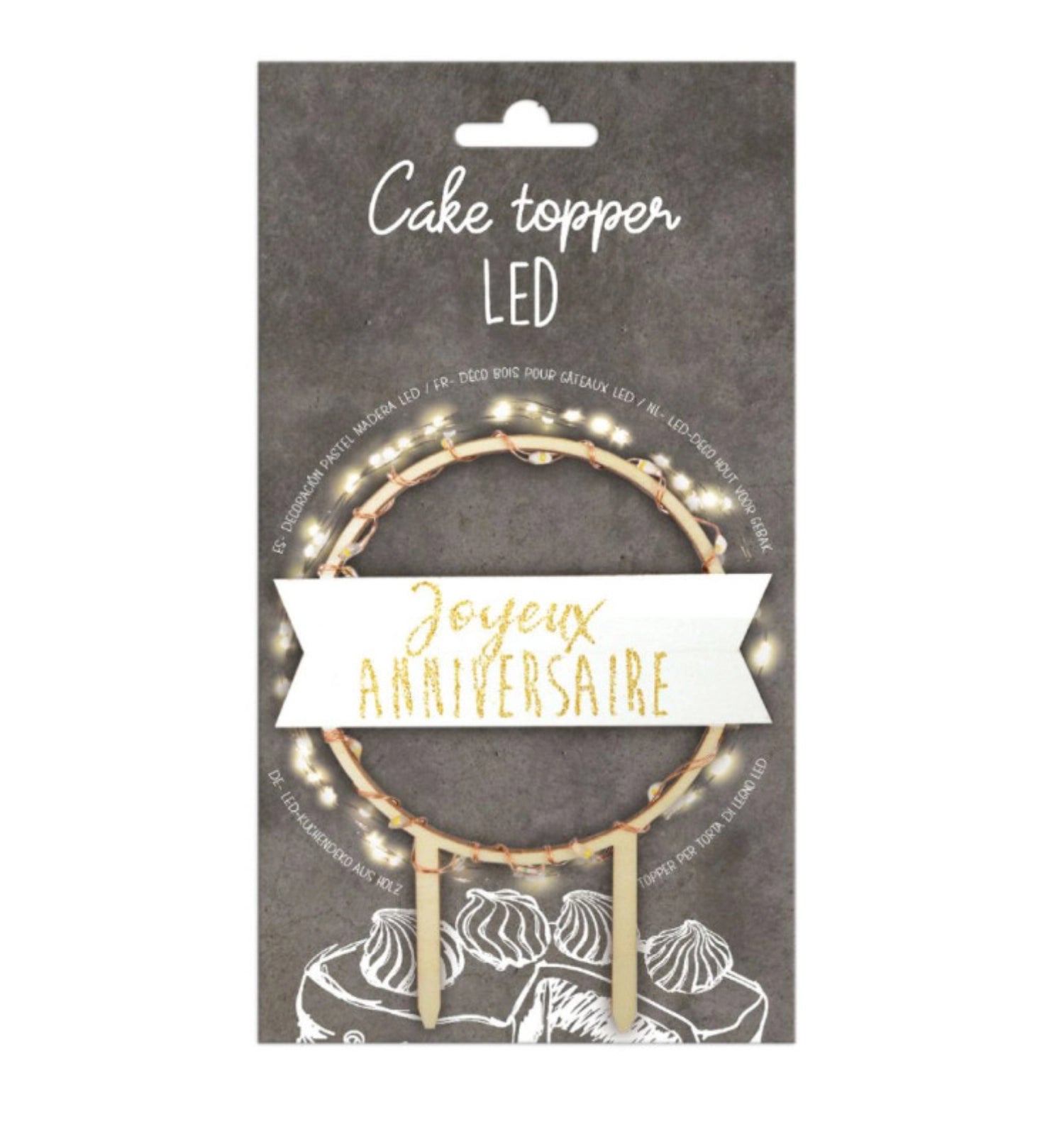 Bunter Cake Topper "Joyeux Anniversaire" mit integrierter LED-Beleuchtung, ideal für eine festliche Geburtstagsfeier und kreative Backideen.