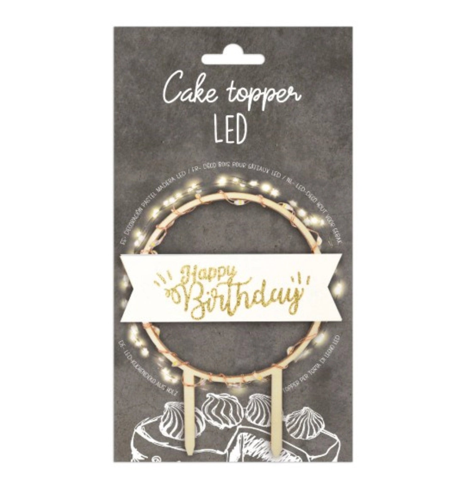Farbiger Cake Topper mit leuchtendem "Happy Birthday" Schriftzug, ideal für eine festliche Tortendekoration mit LED-Lichtern.