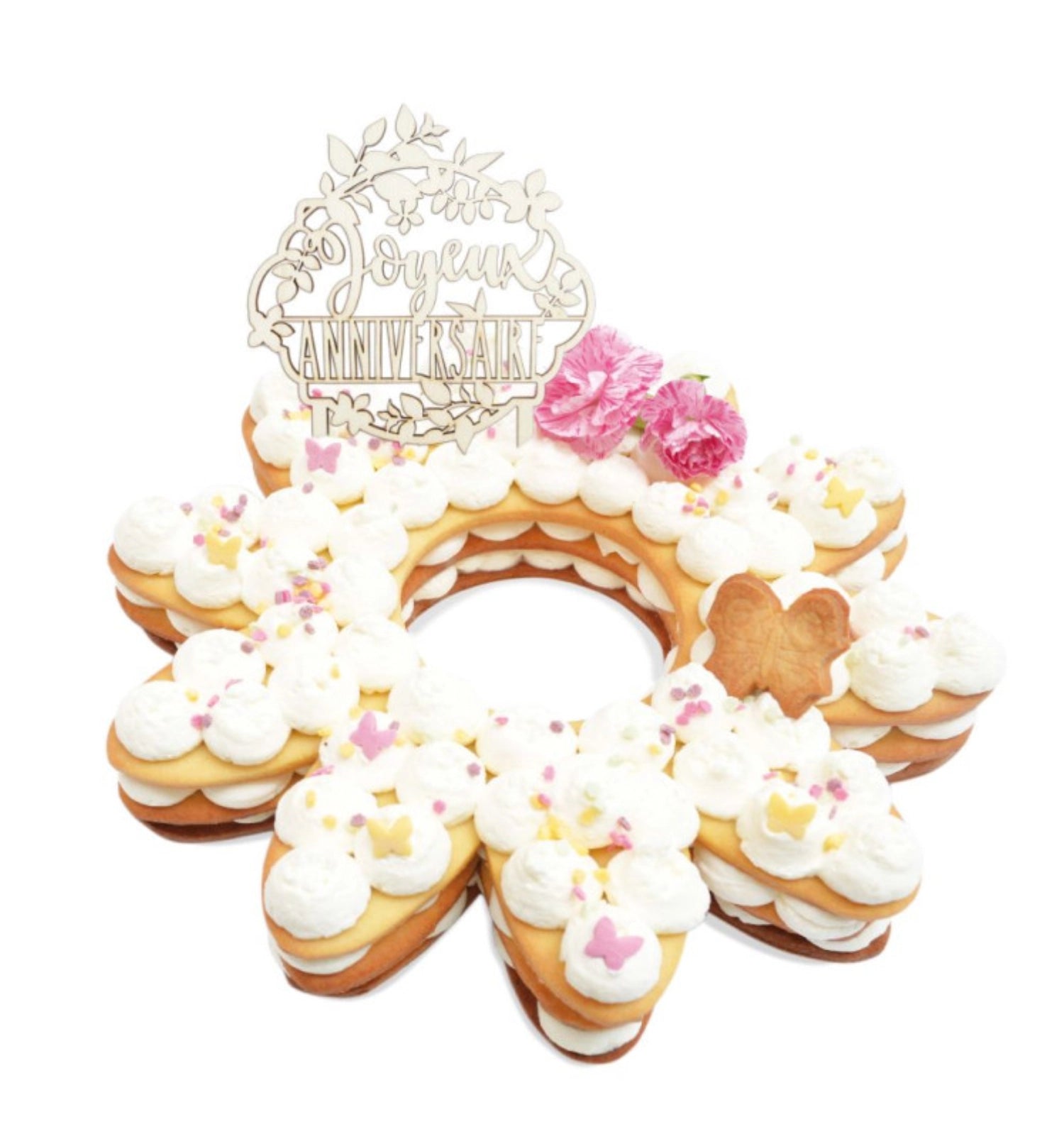 Eleganter Holz-Cake Topper "Joyeux anniversaire" von Scrap Cooking. Perfekt für Geburtstagsfeiern, robust und wiederverwendbar.