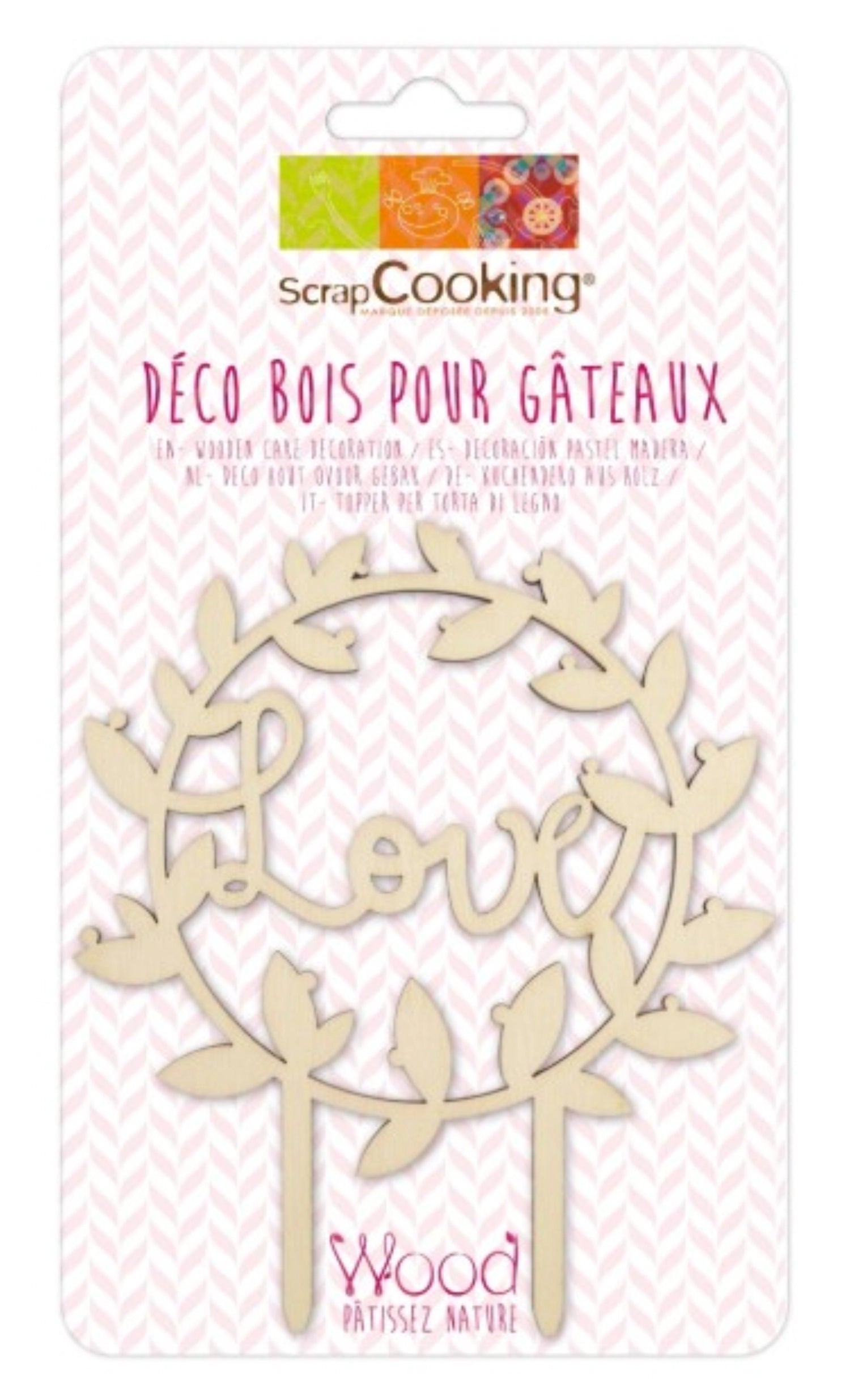 Eleganter Holz-Cake Topper mit dem Wort "Love" von Scrap Cooking, ideal für romantische Anlässe und kreative Backprojekte.