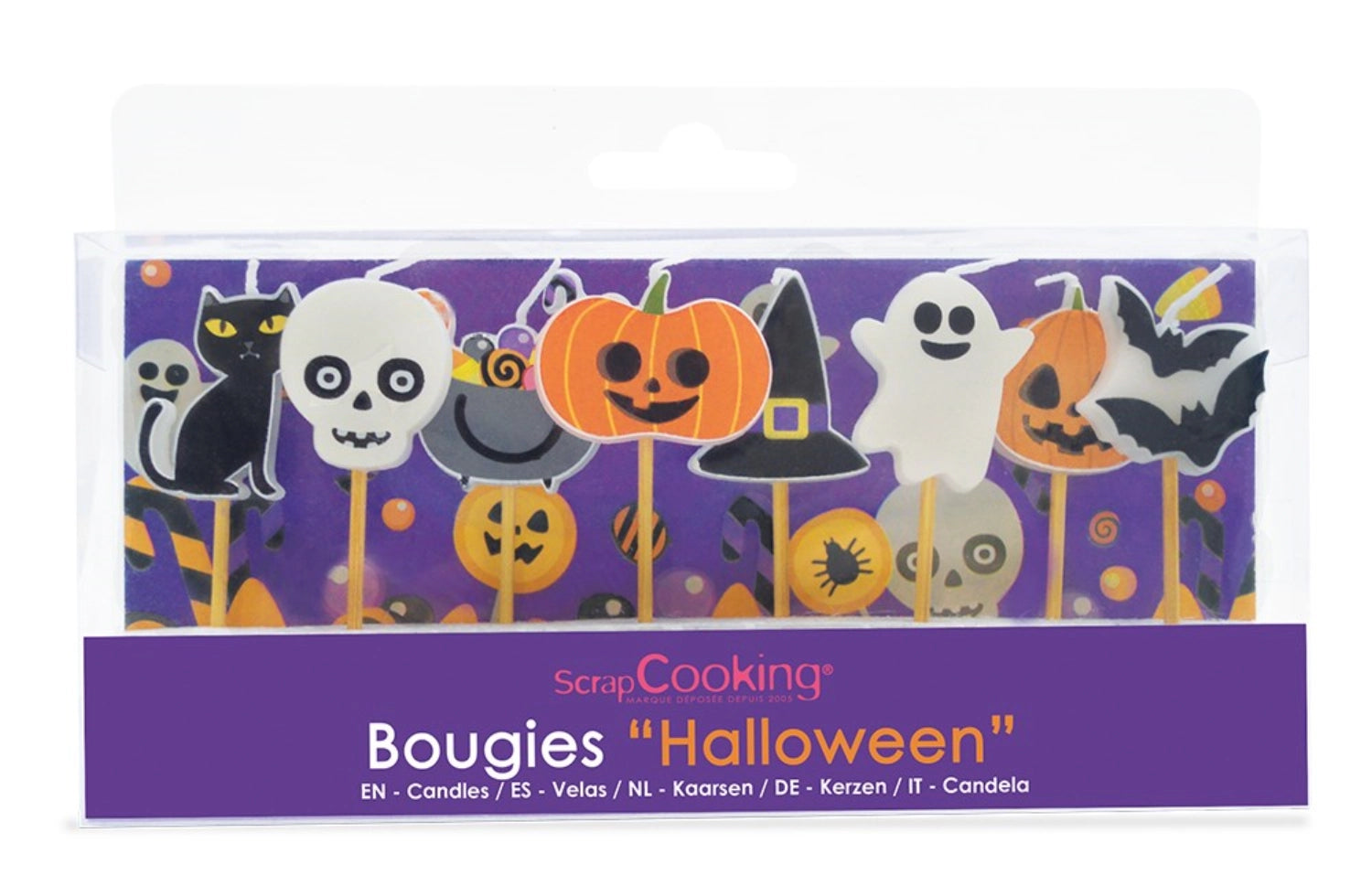Set aus 8 Halloween-Kerzen von Scrap Cooking, perfekt für gruselige Feiern und kreative Tortendekorationen in bunten Farben.