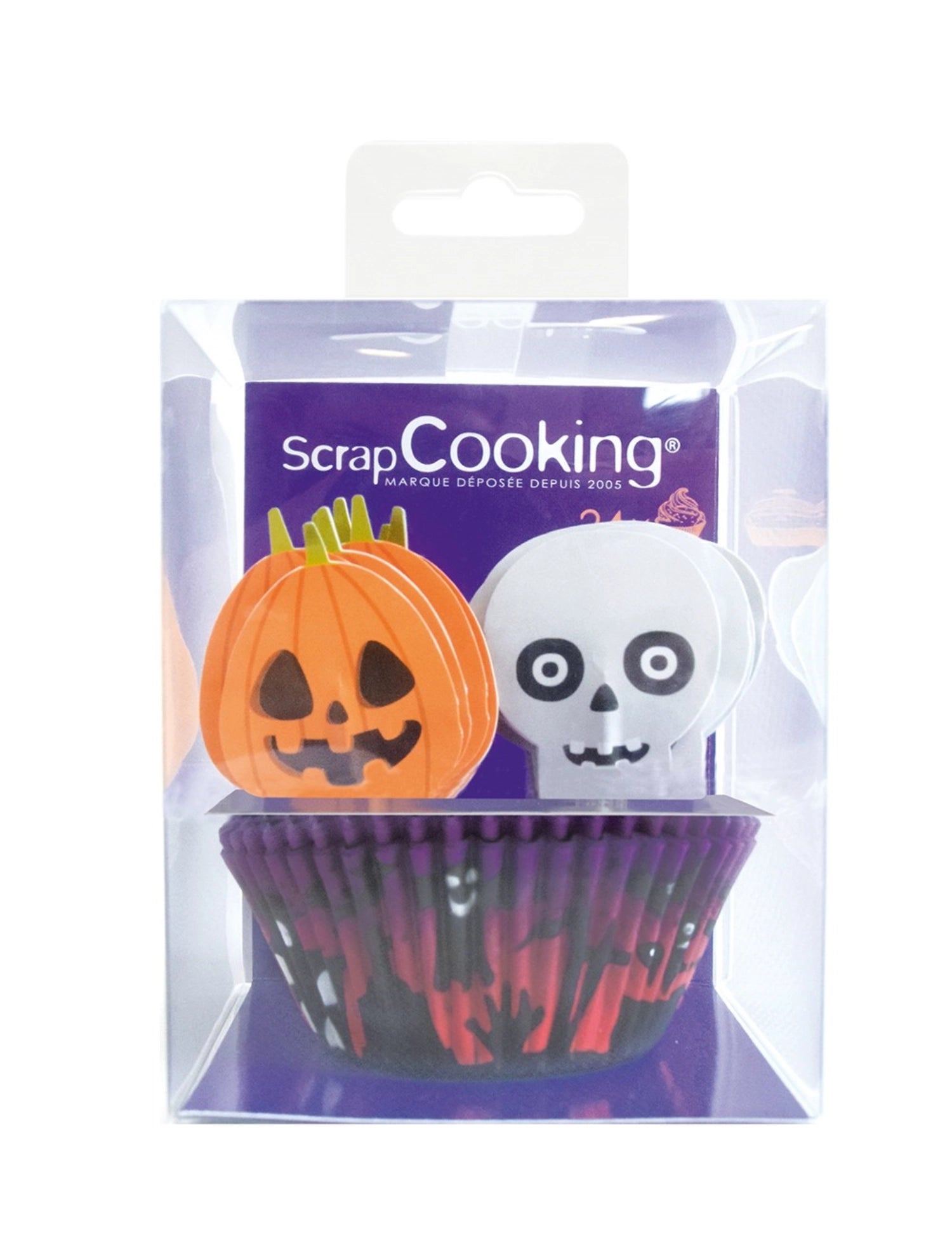 Buntes Set aus 24 Muffinförmchen und 24 Halloween-Toppers von Scrap Cooking, ideal für kreative Backprojekte und festliche Feiern.