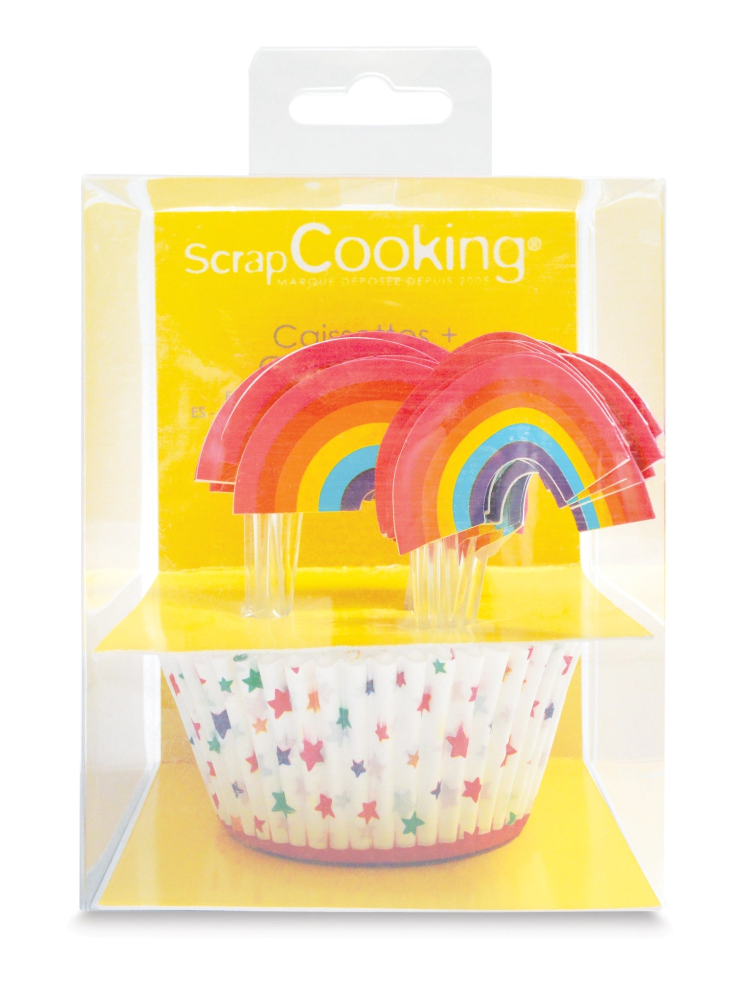 Set mit 24 farbenfrohen Muffinförmchen und passenden Cake Toppern im Regenbogen-Look von Scrap Cooking, perfekt für festliche Anlässe.