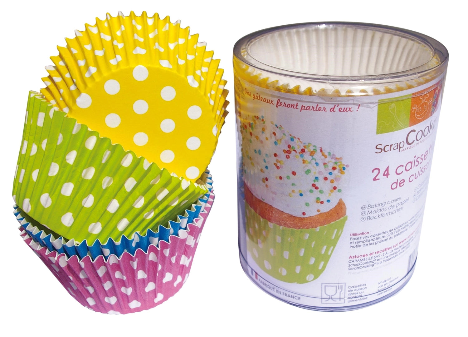 24 Papierförmchen mit bunten Punkten von Scrap Cooking, perfekt für Muffins und Cupcakes, ideal für festliche Anlässe und kreative Backideen.
