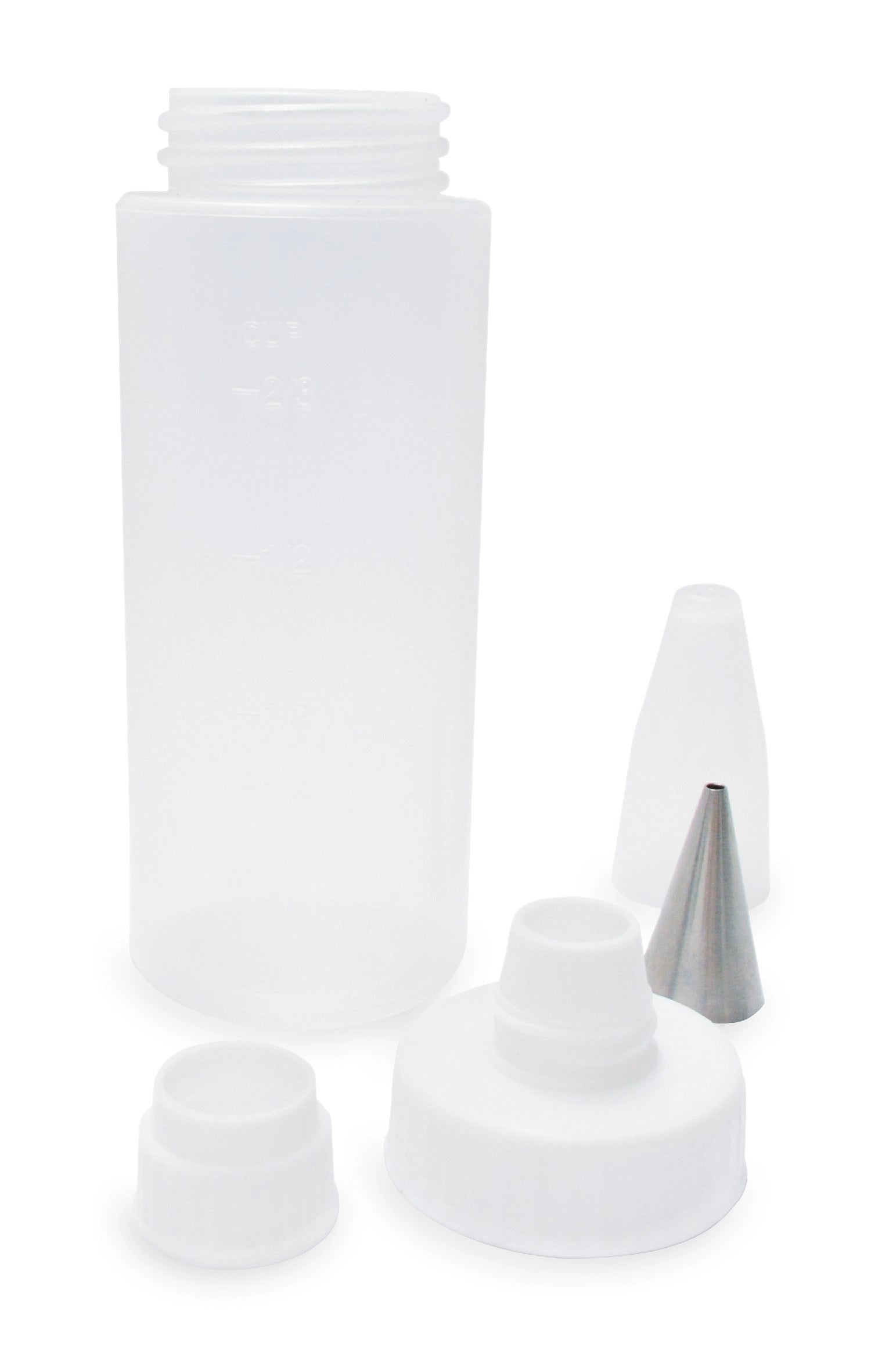 Zwei Quetschflaschen mit Spritztüllen für präzise Zuckerguss-Dekorationen, perfekt für kreative Backprojekte und feine Details.