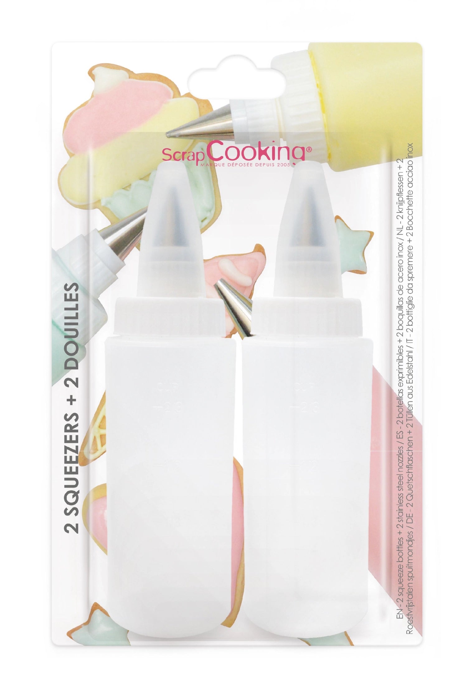 Zwei Quetschflaschen mit Spritztüllen für präzise Zuckerguss-Dekorationen, perfekt für kreative Backprojekte und feine Details.
